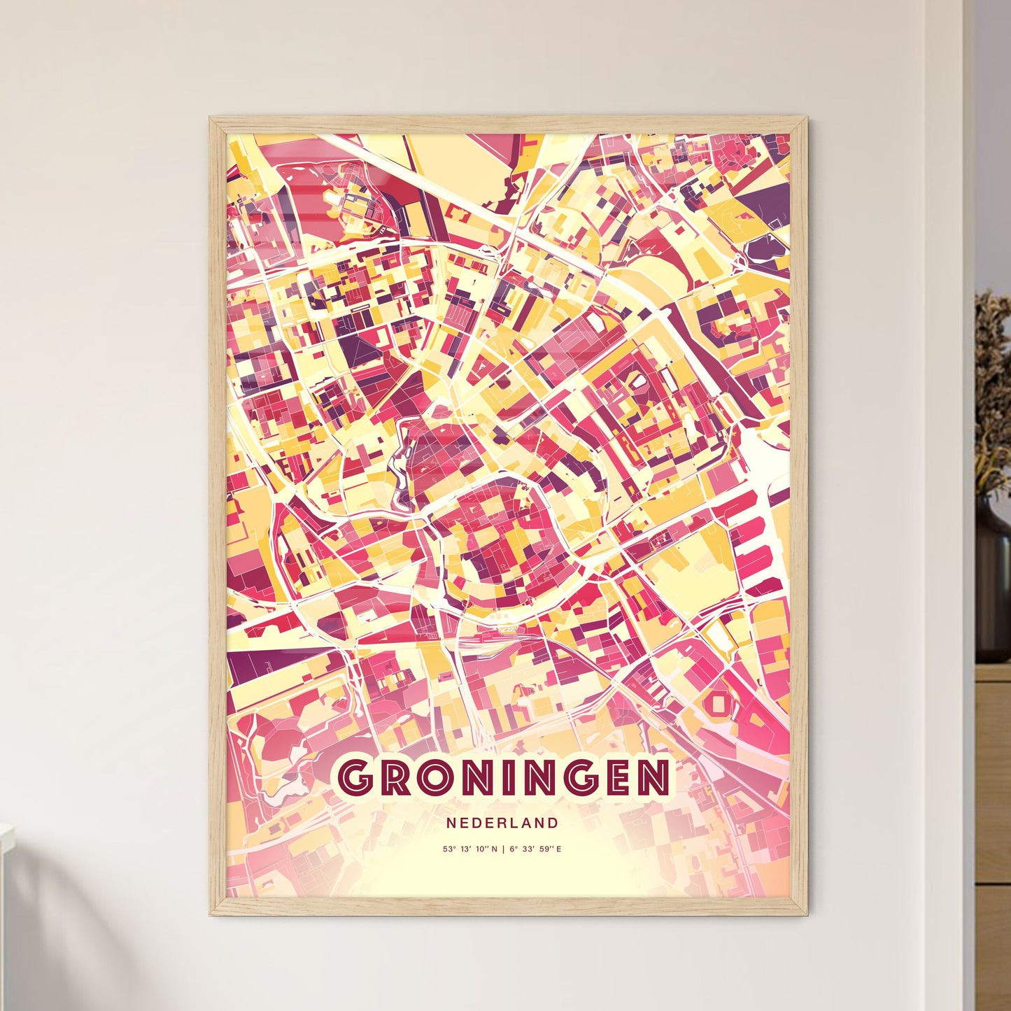 Colorful GRONINGEN NETHERLANDS Fine Art Map Hot Red