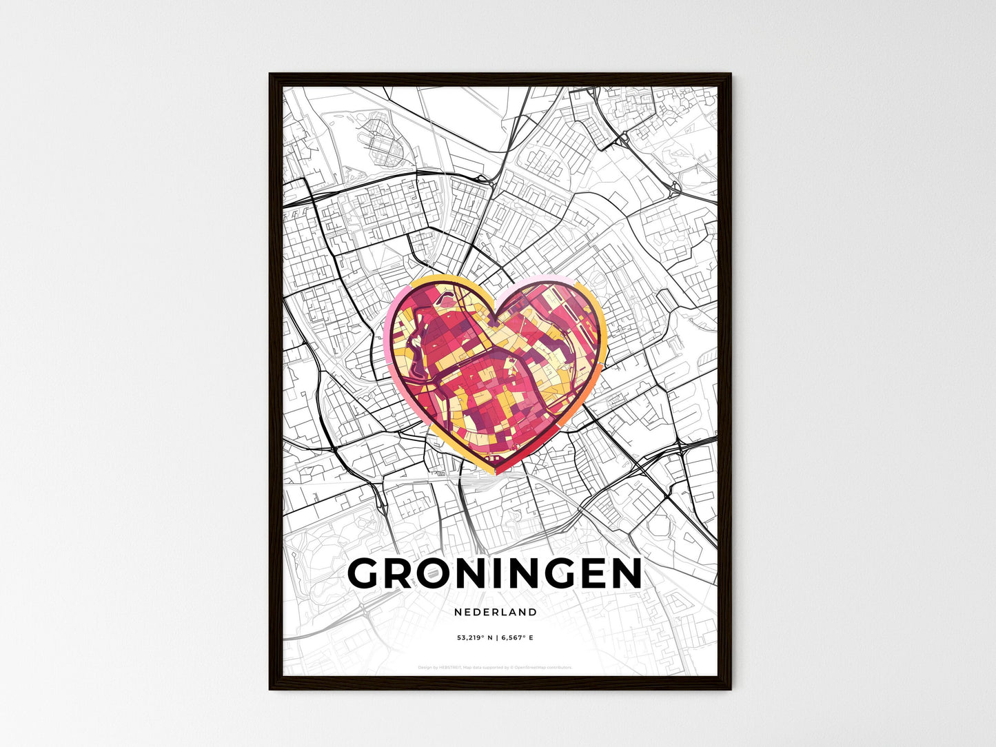 Groningen Netherlands wedding art map with heart icon