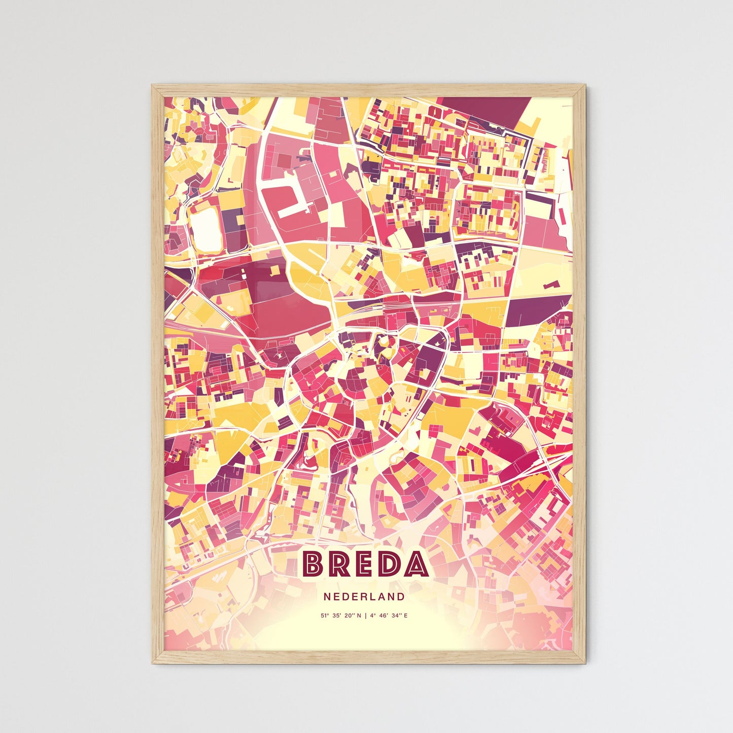 Colorful BREDA NETHERLANDS Fine Art Map Hot Red