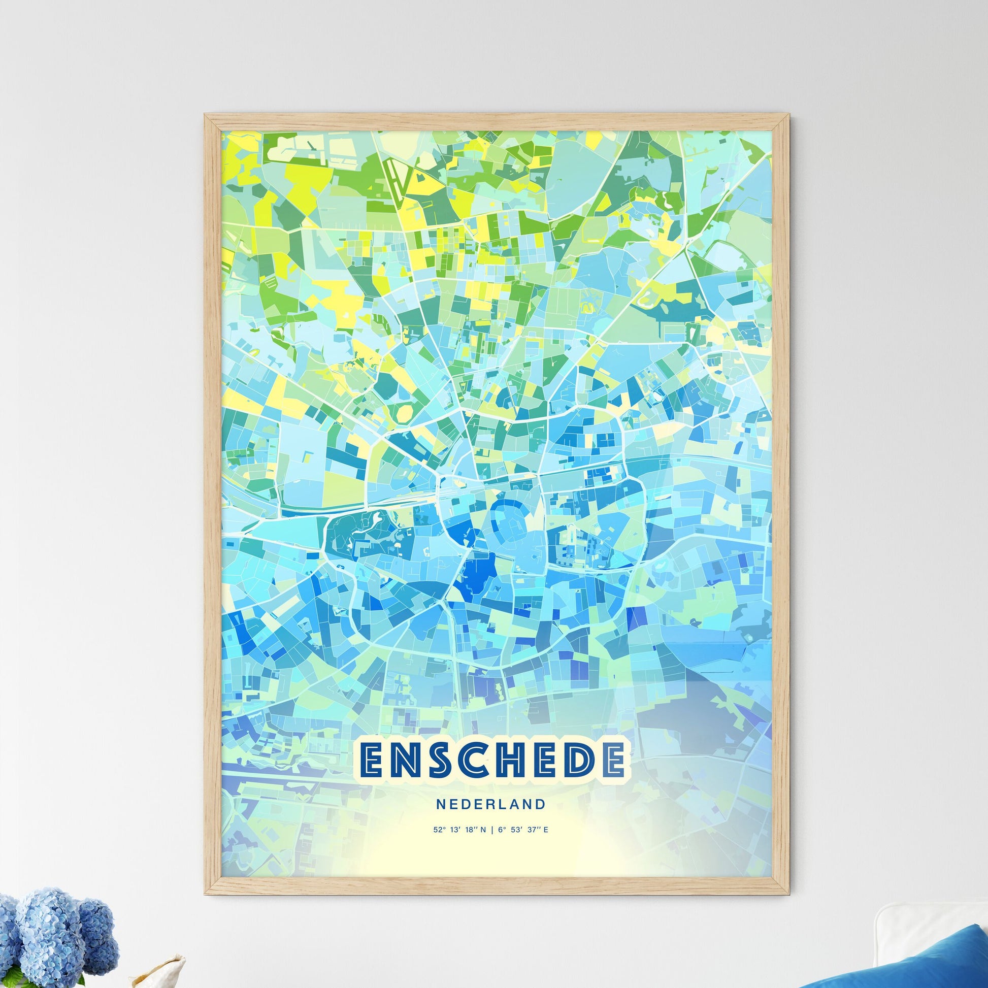 Colorful ENSCHEDE NETHERLANDS Fine Art Map Cool Blue