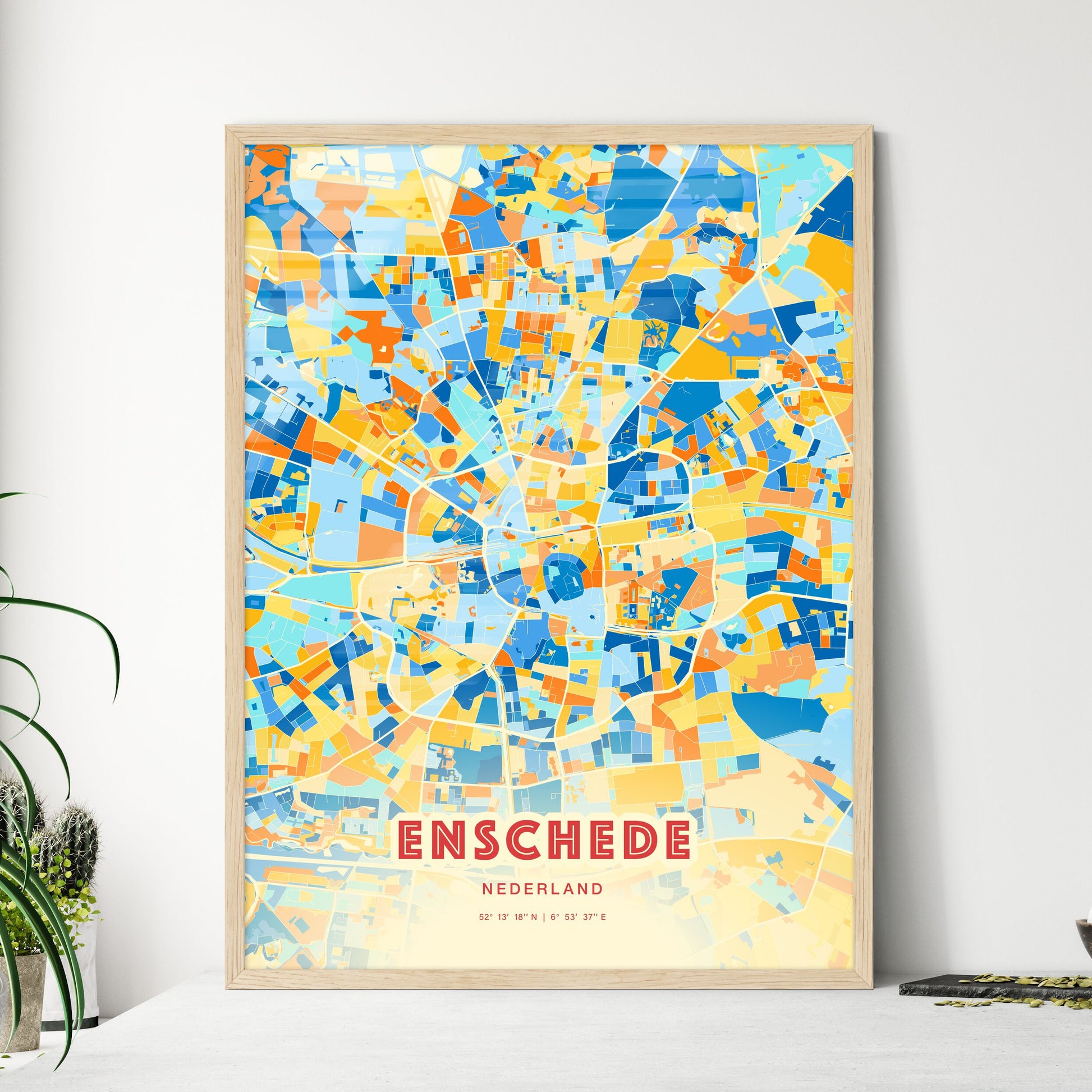 Colorful Enschede Netherlands Fine Art Map Blue Orange