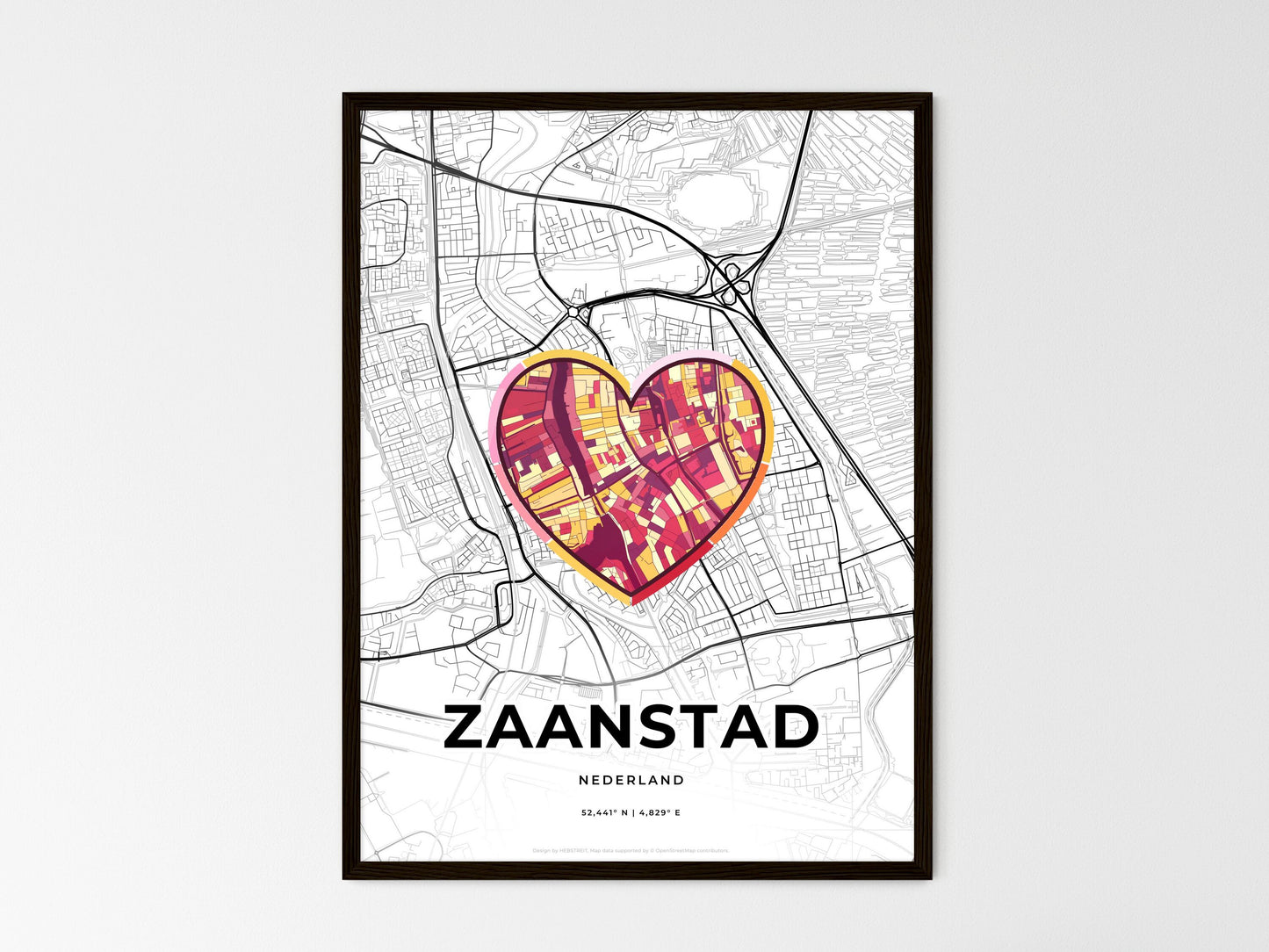 Zaanstad Netherlands wedding art map with heart icon