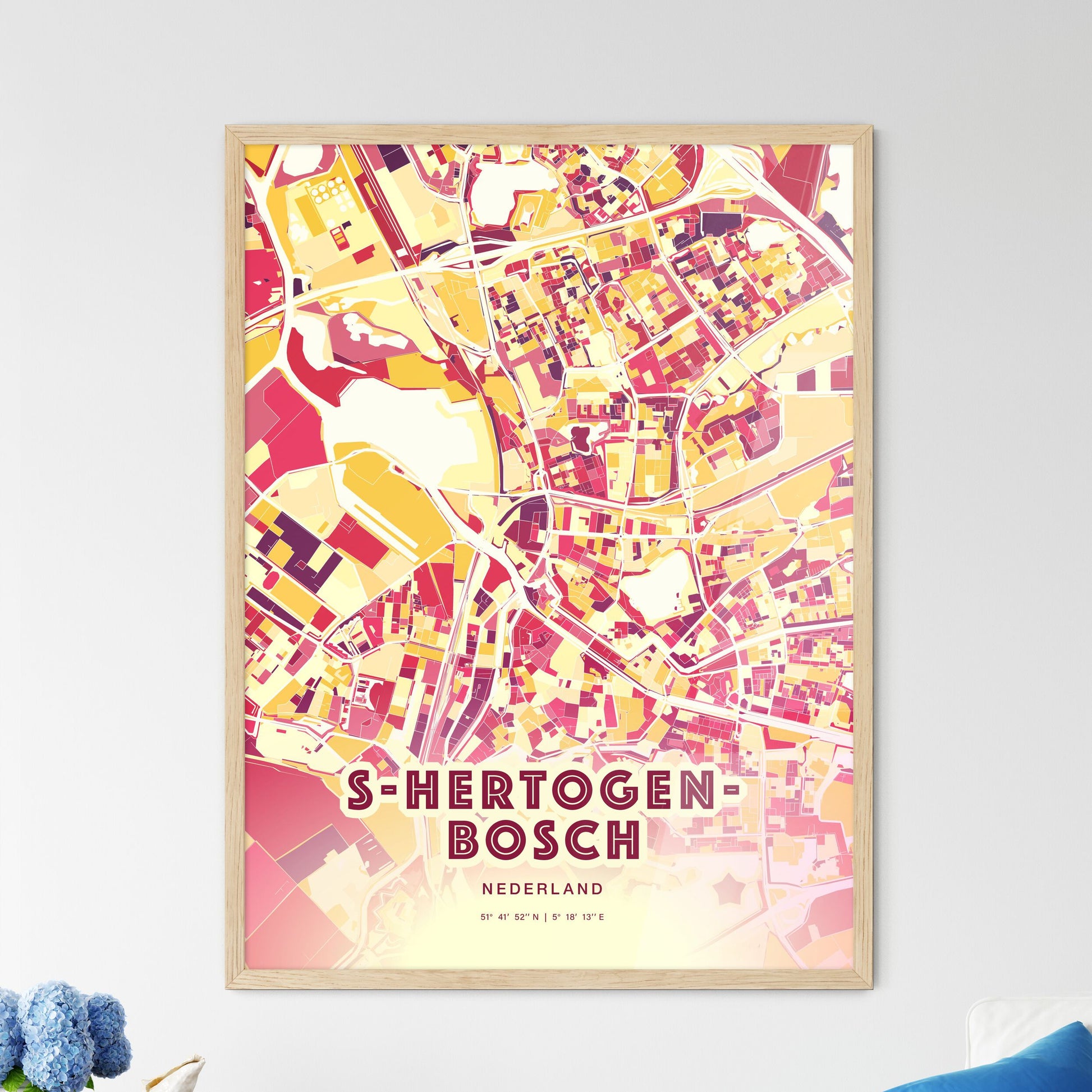 Colorful S-HERTOGENBOSCH NETHERLANDS Fine Art Map Hot Red