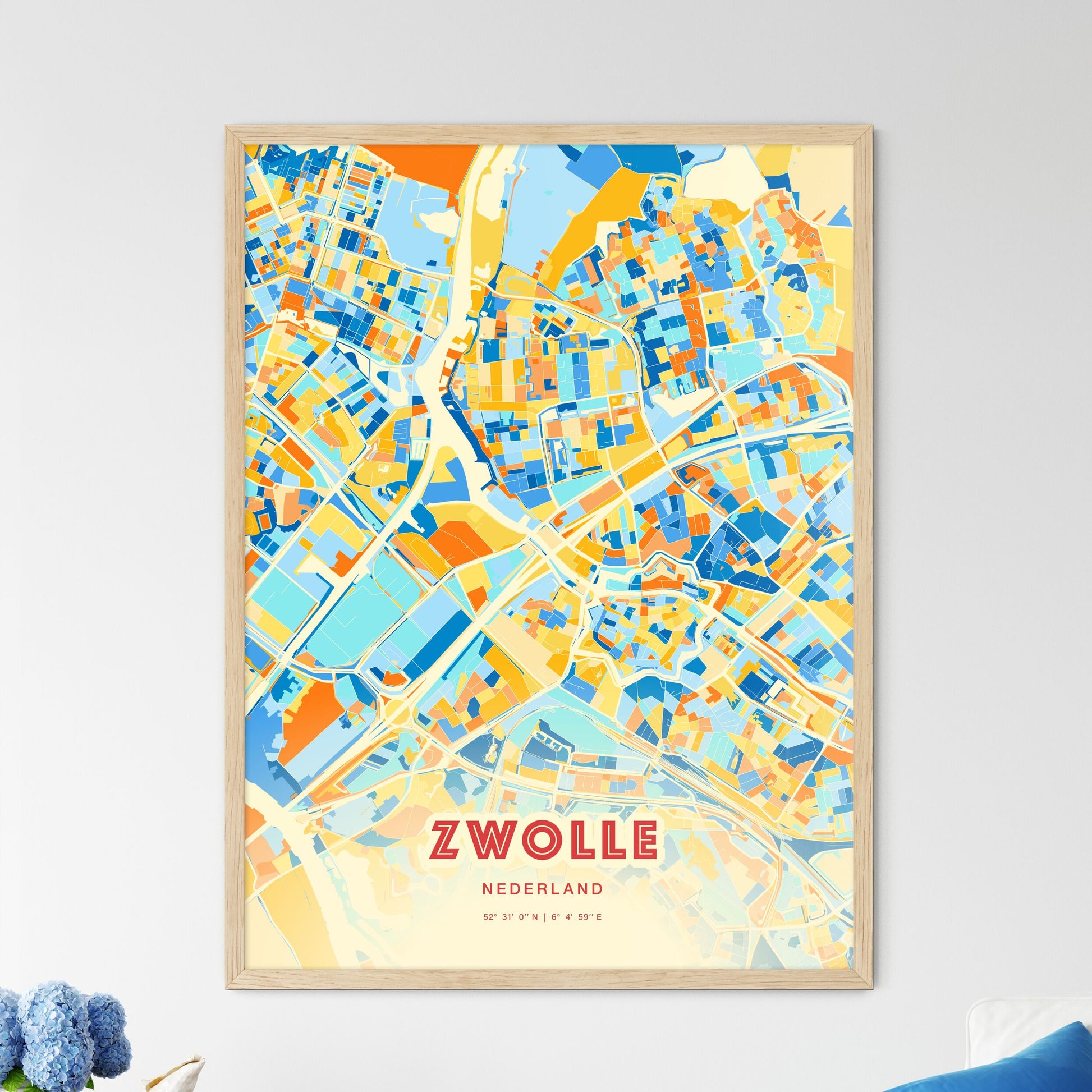 Colorful ZWOLLE NETHERLANDS Fine Art Map Blue Orange