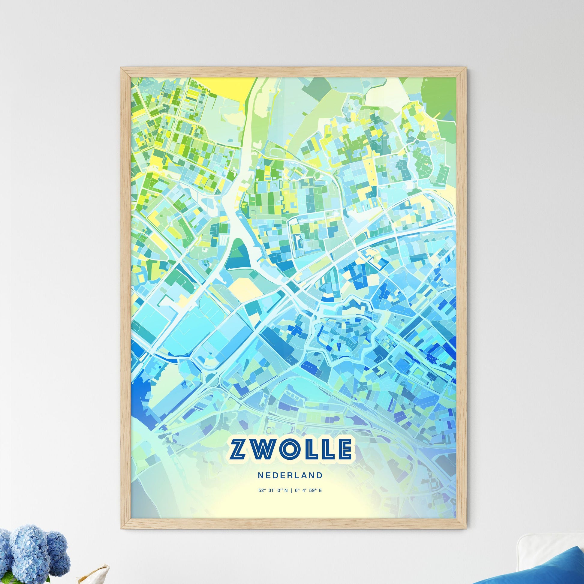 Colorful ZWOLLE NETHERLANDS Fine Art Map Cool Blue