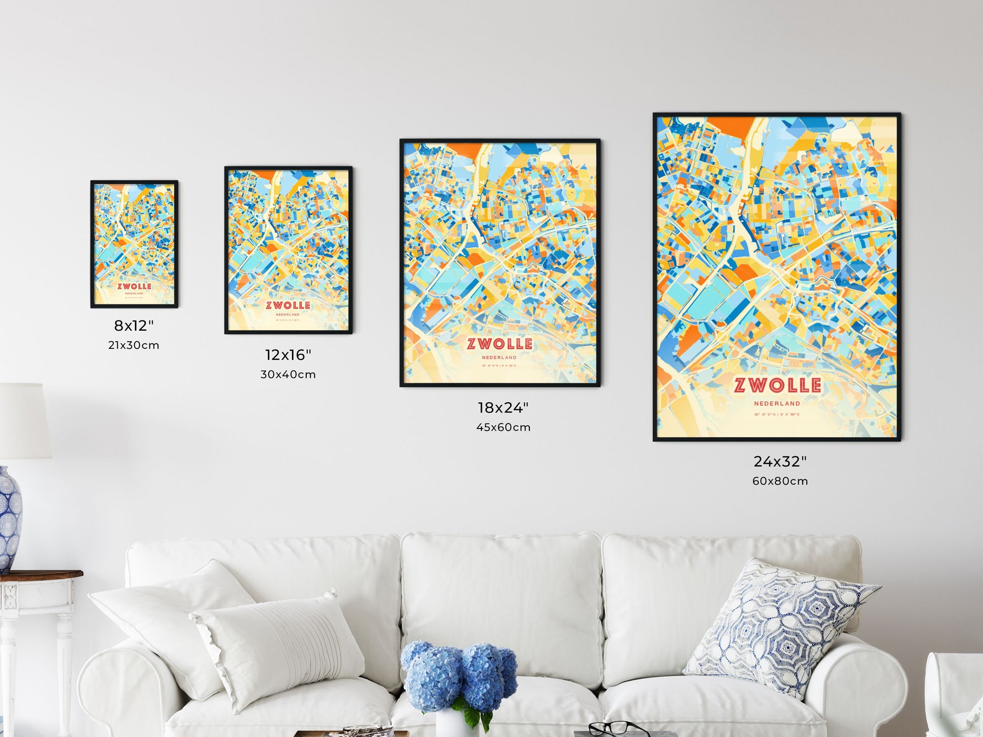 Colorful ZWOLLE NETHERLANDS Fine Art Map Blue Orange