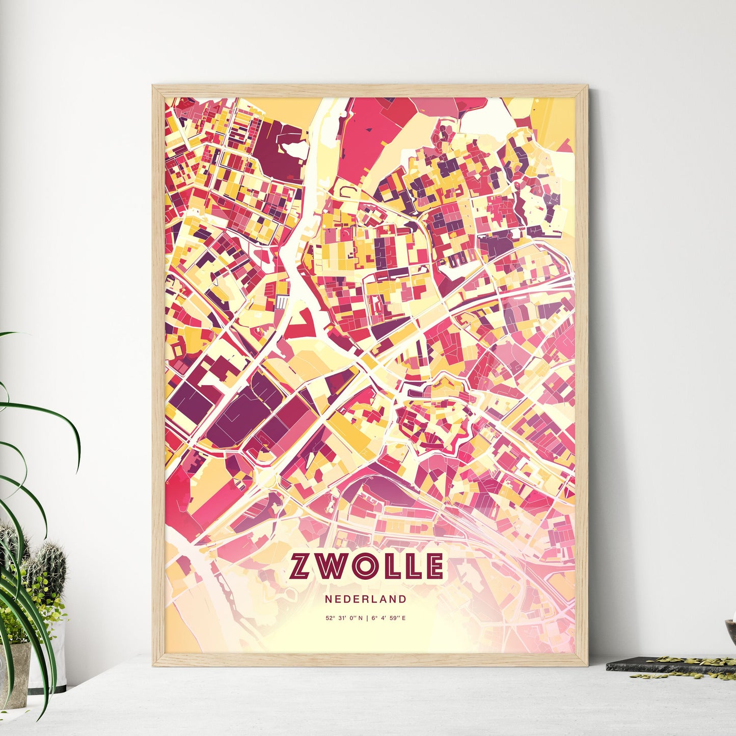 Colorful ZWOLLE NETHERLANDS Fine Art Map Hot Red