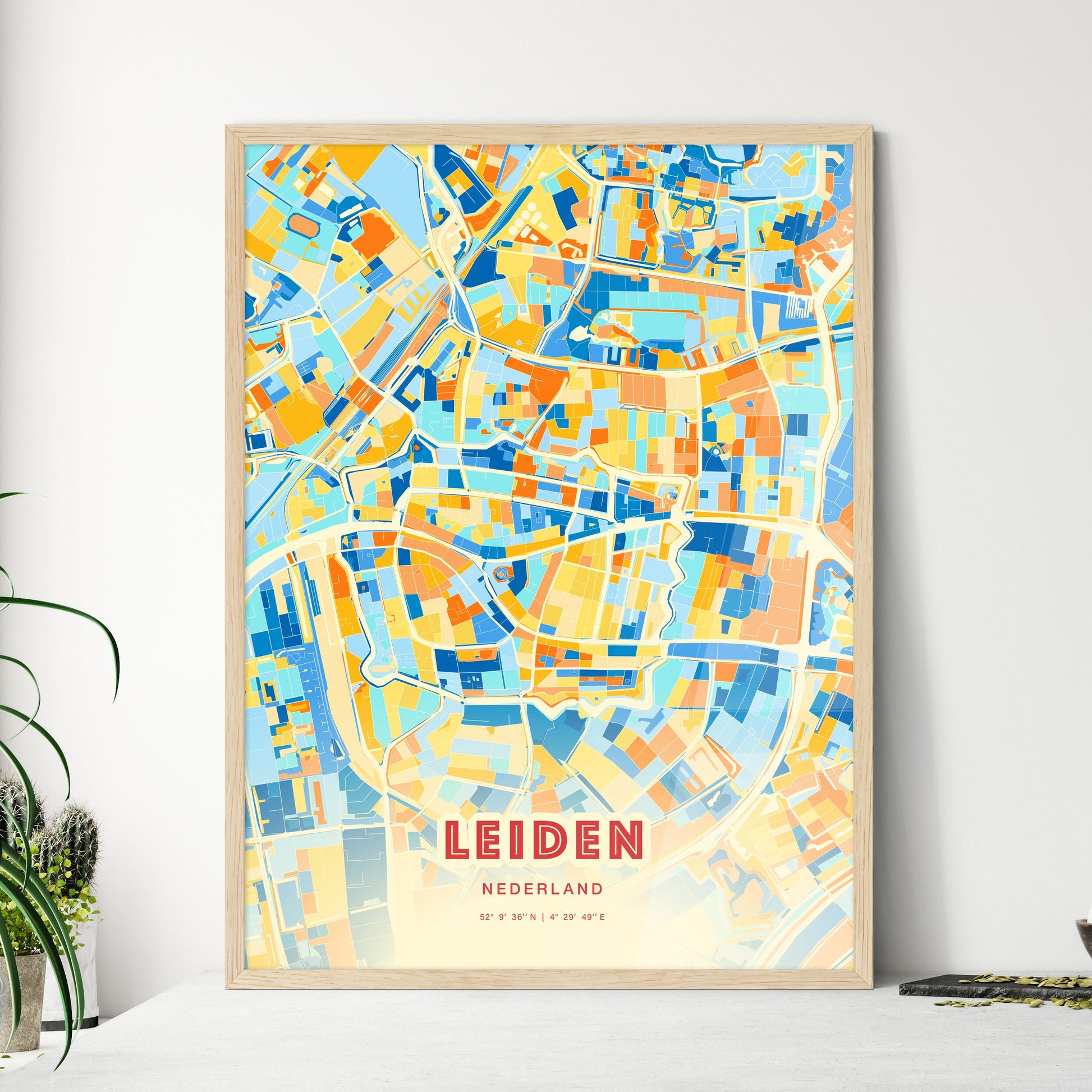 Colorful LEIDEN NETHERLANDS Fine Art Map Blue Orange