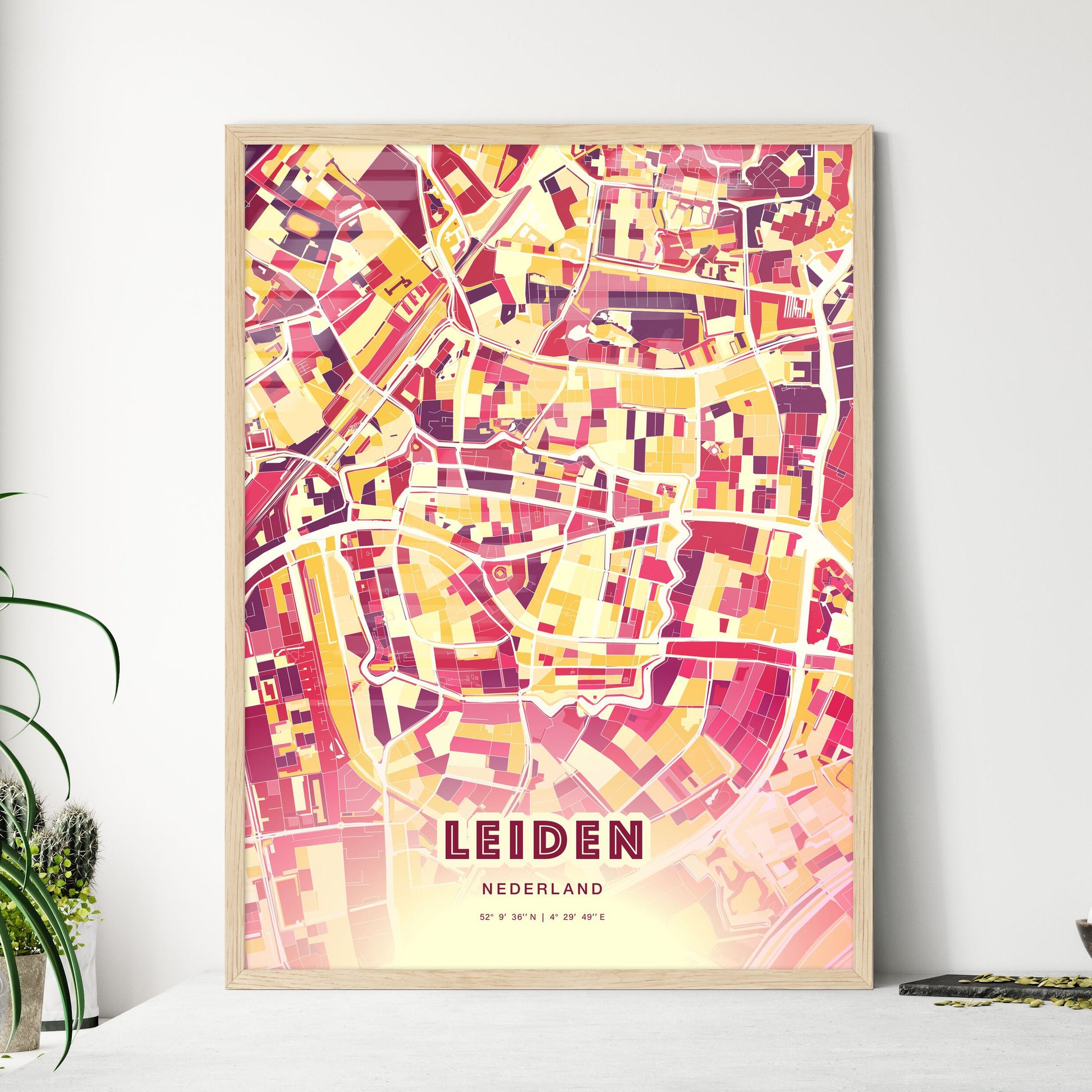 Colorful LEIDEN NETHERLANDS Fine Art Map Hot Red