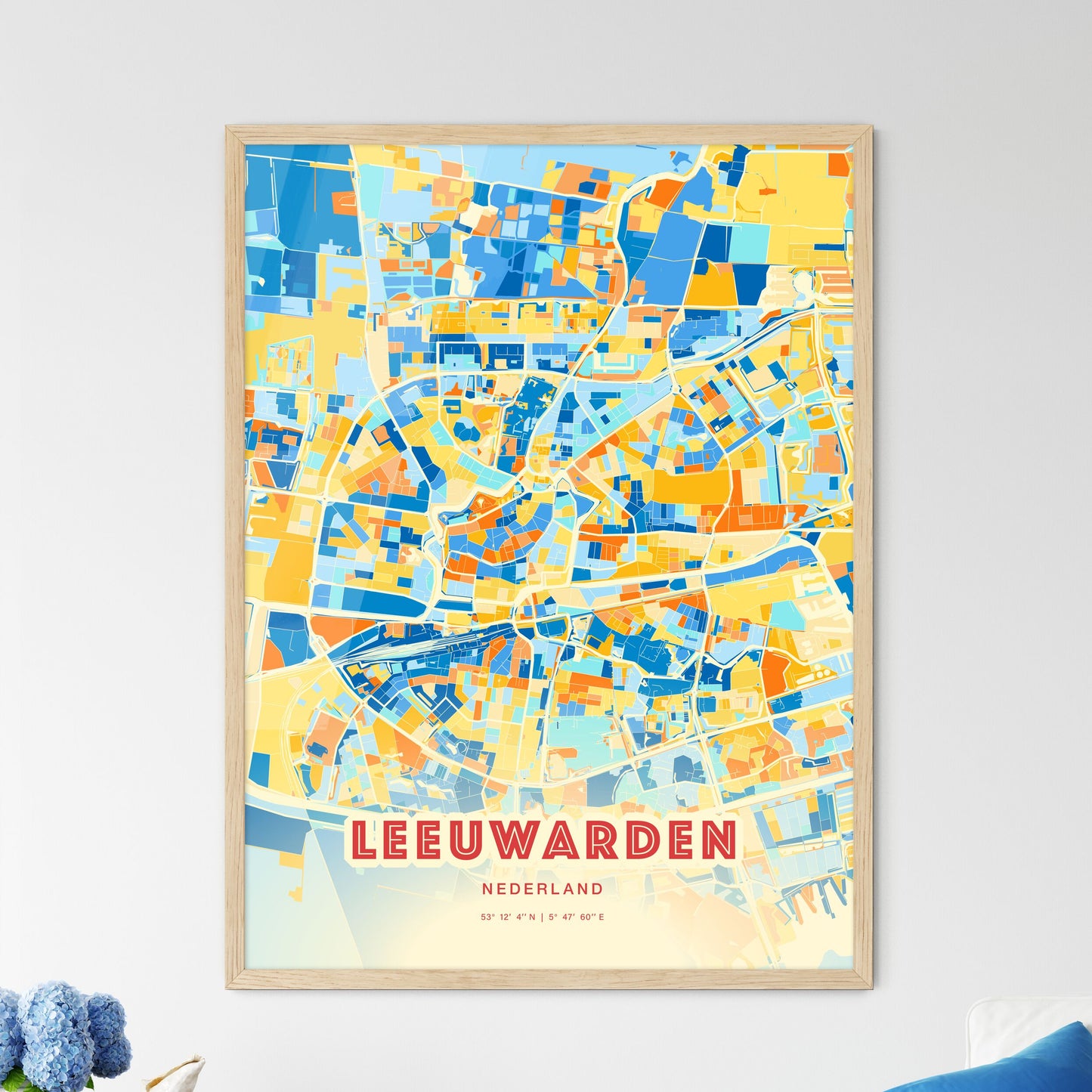 Colorful LEEUWARDEN NETHERLANDS Fine Art Map Blue Orange