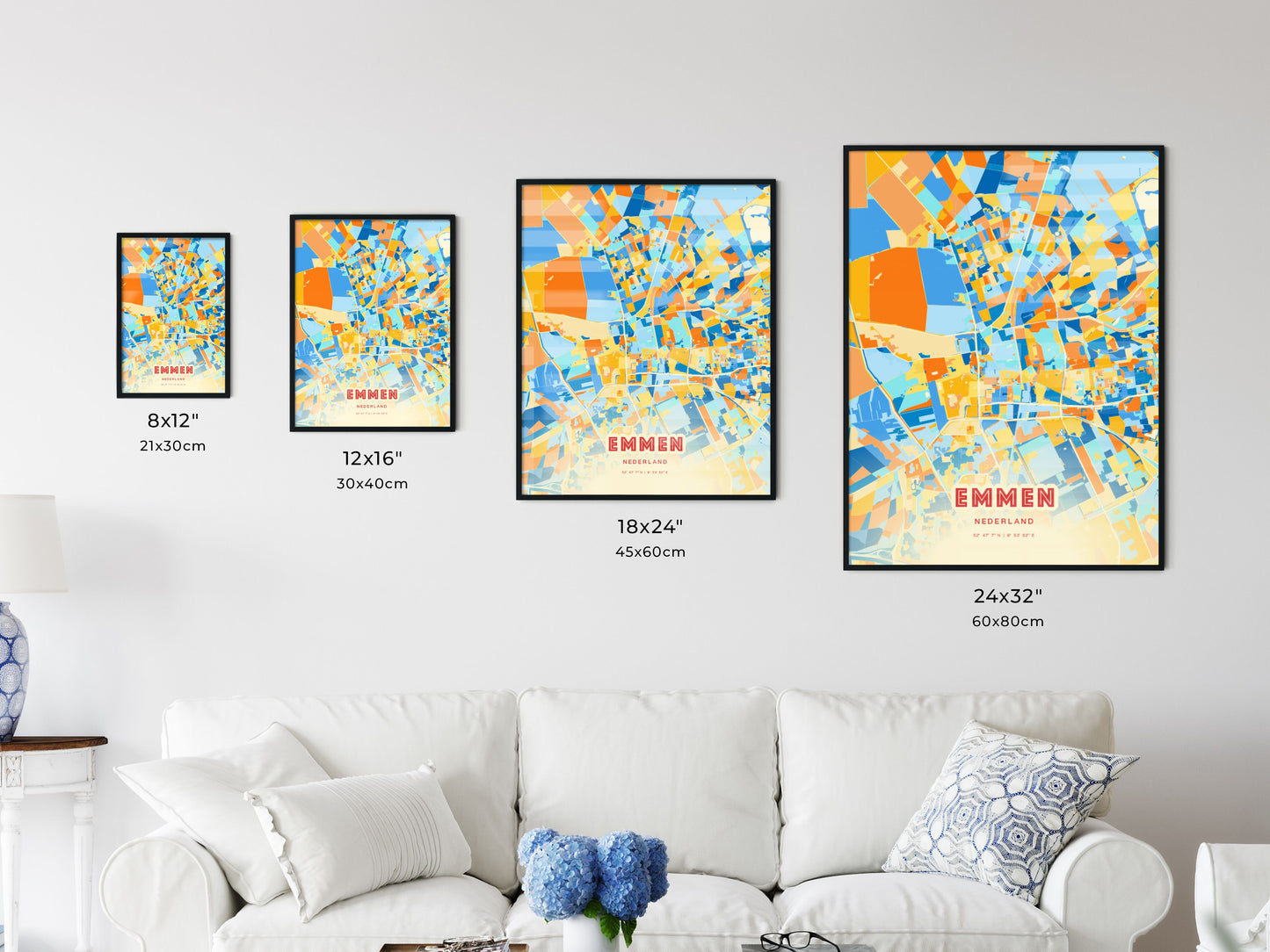 Colorful EMMEN NETHERLANDS Fine Art Map Blue Orange