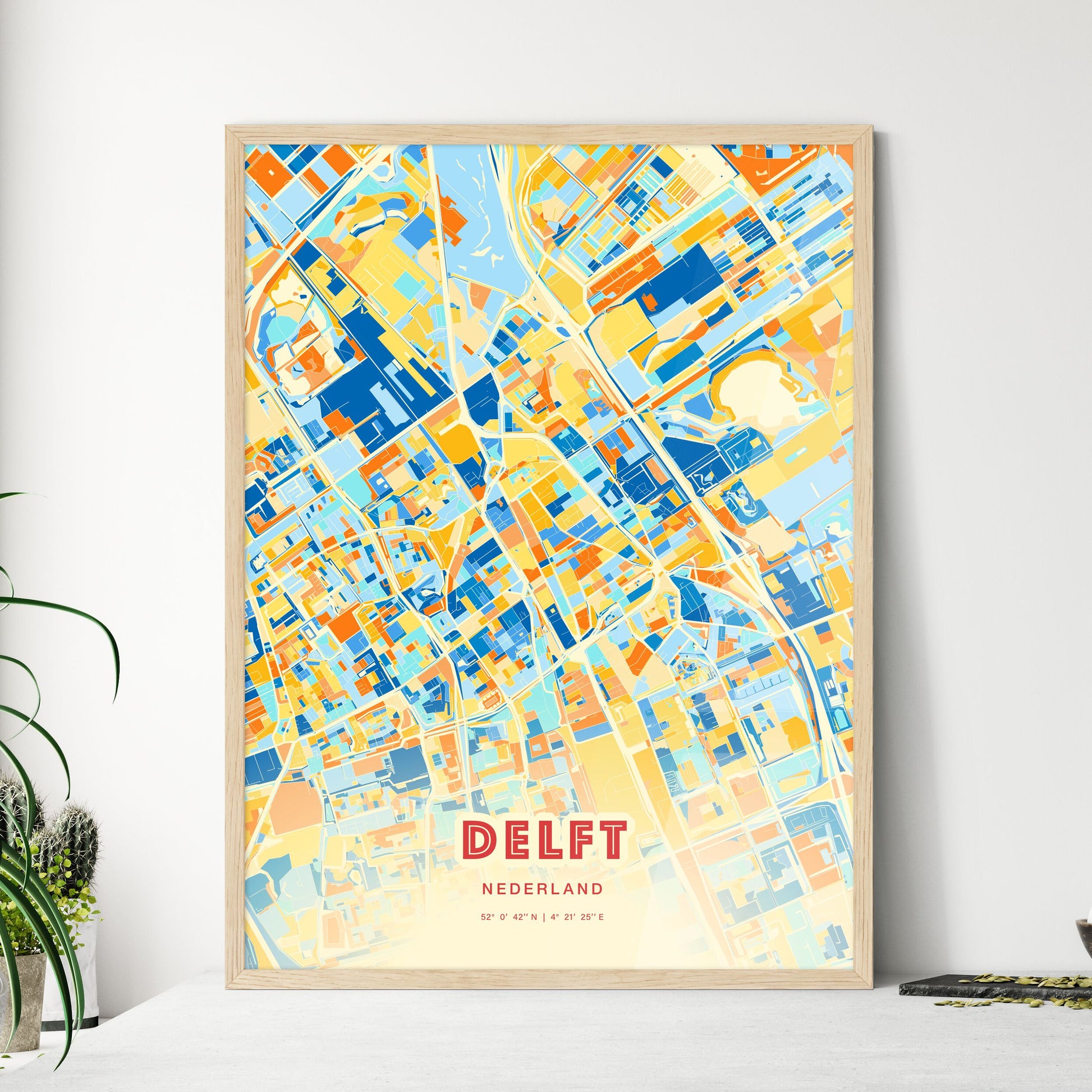 Colorful DELFT NETHERLANDS Fine Art Map Blue Orange