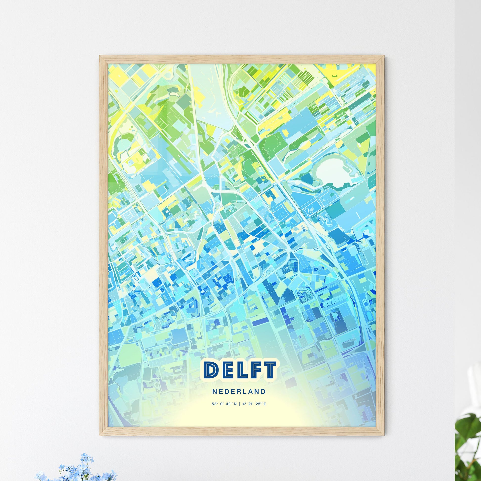 Colorful DELFT NETHERLANDS Fine Art Map Cool Blue