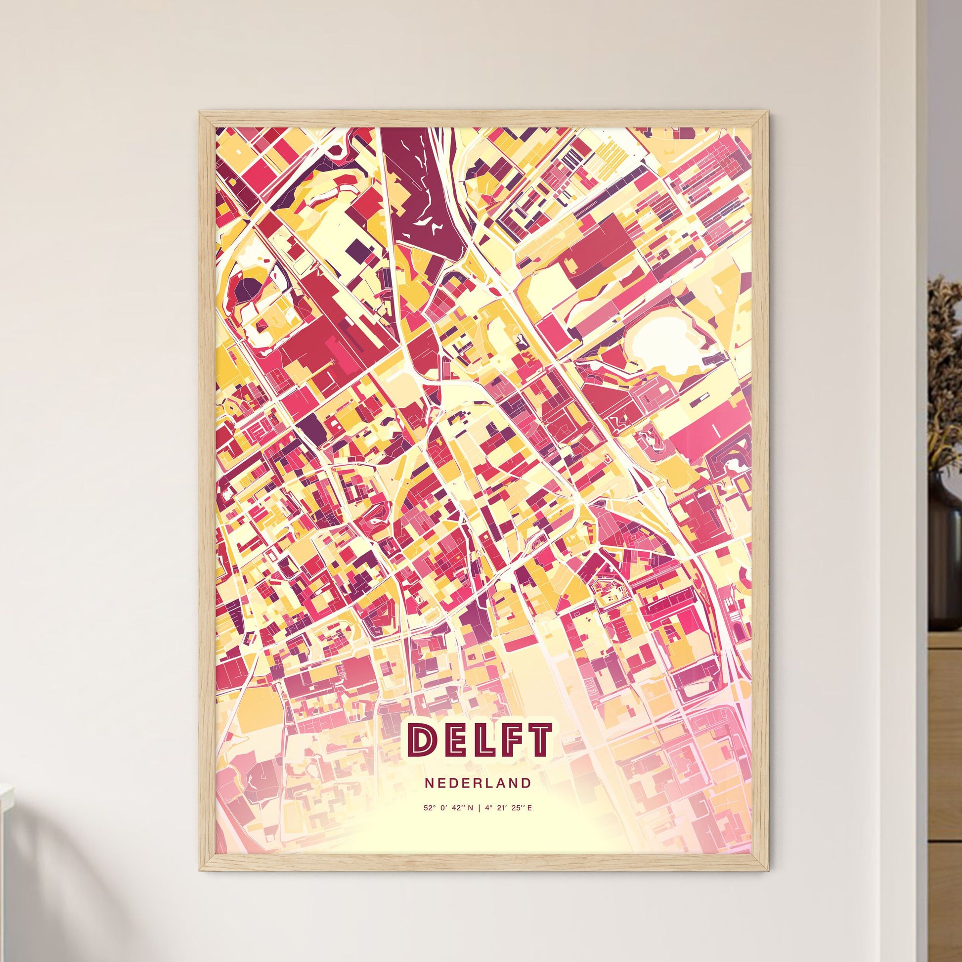 Colorful DELFT NETHERLANDS Fine Art Map Hot Red