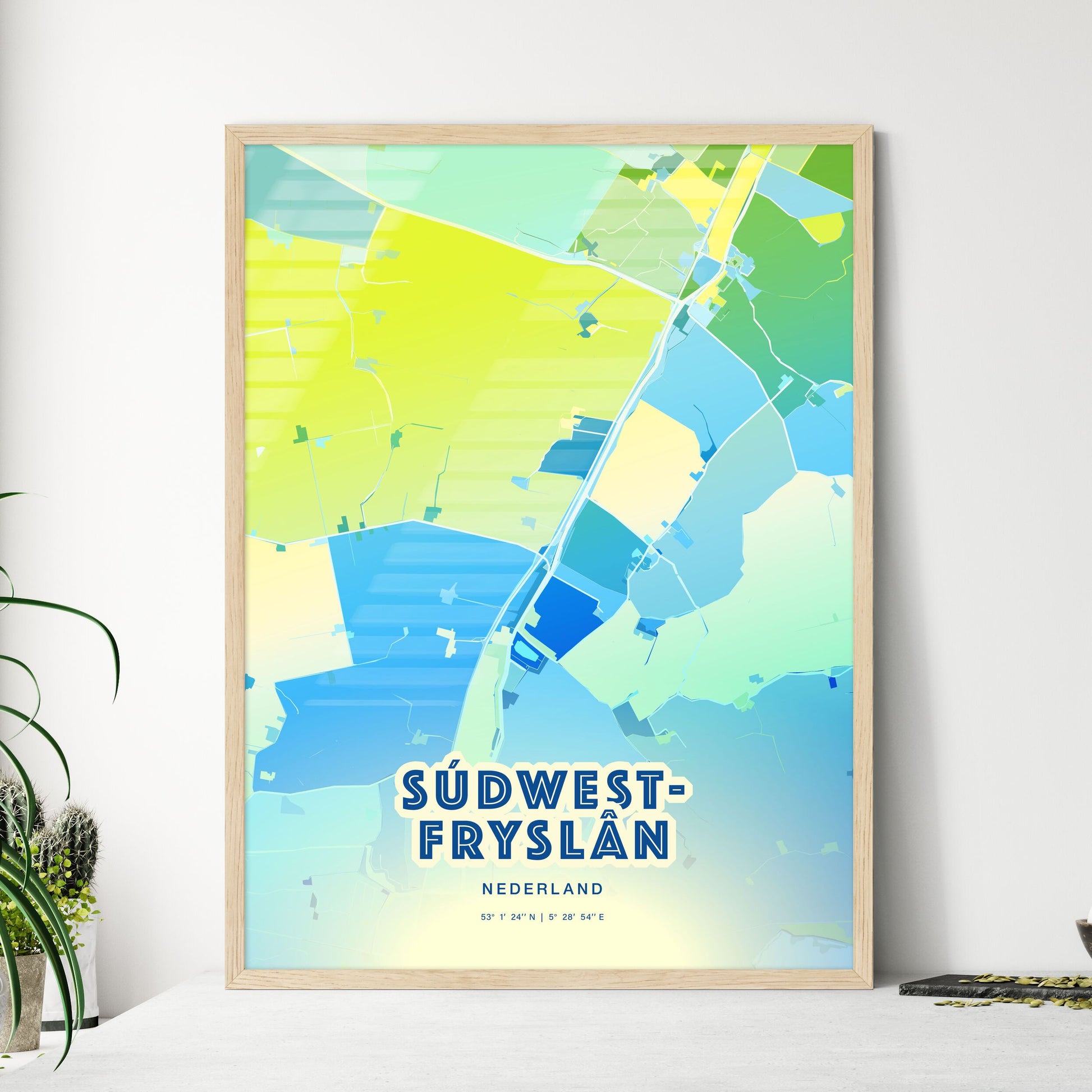 Colorful SÚDWEST-FRYSLÂN NETHERLANDS Fine Art Map Cool Blue