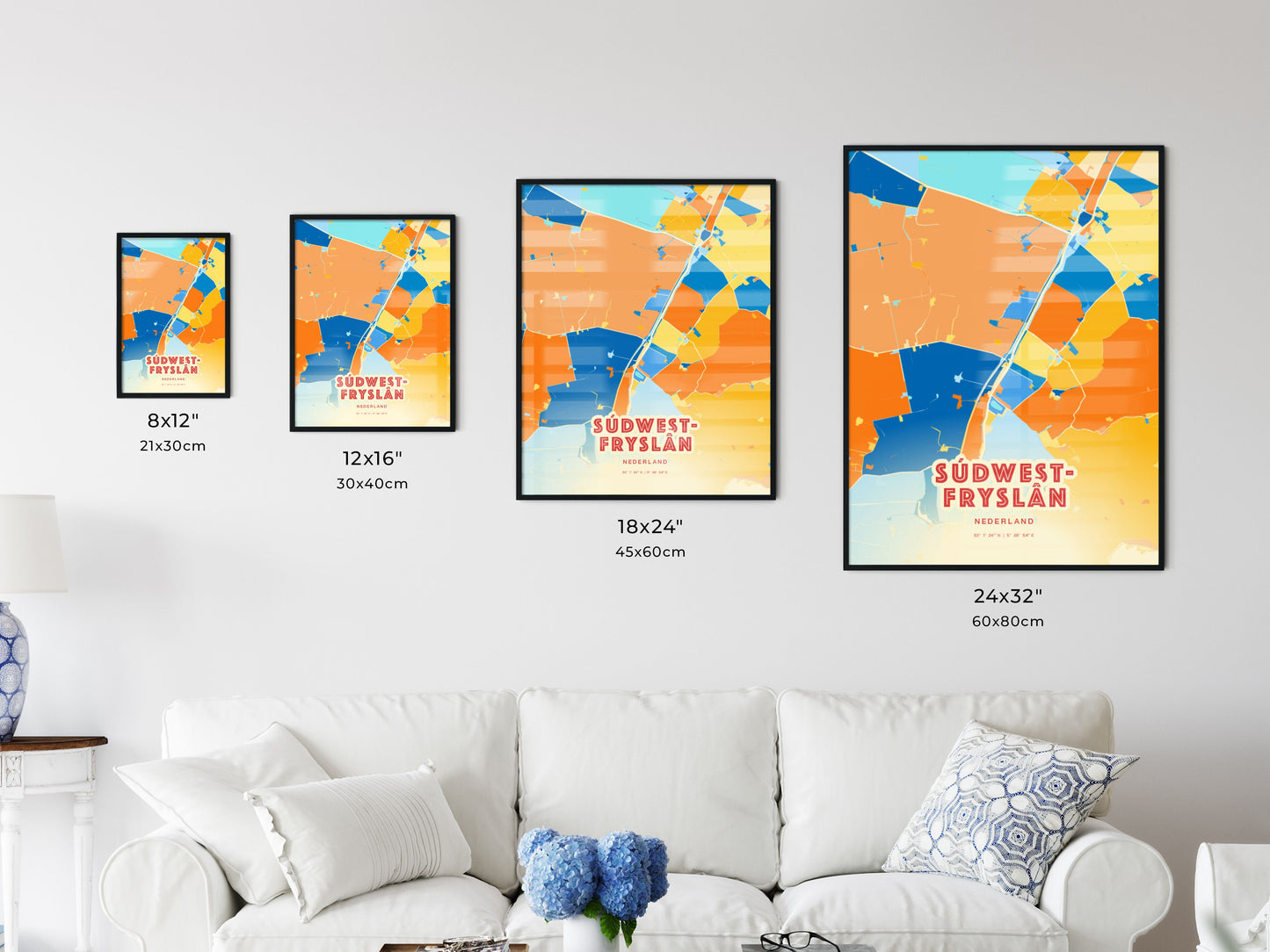 Colorful SÚDWEST-FRYSLÂN NETHERLANDS Fine Art Map Blue Orange