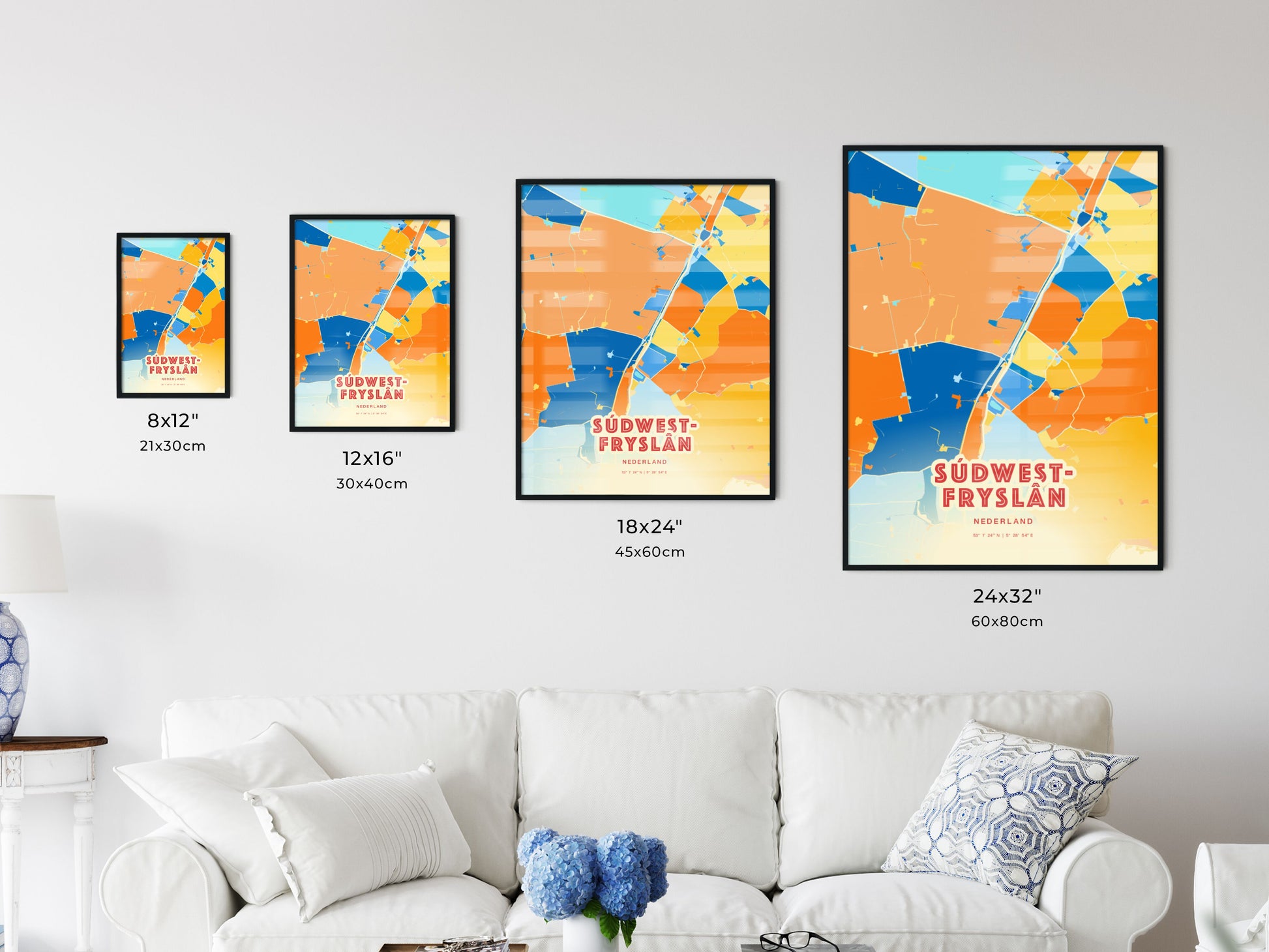 Colorful SÚDWEST-FRYSLÂN NETHERLANDS Fine Art Map Blue Orange