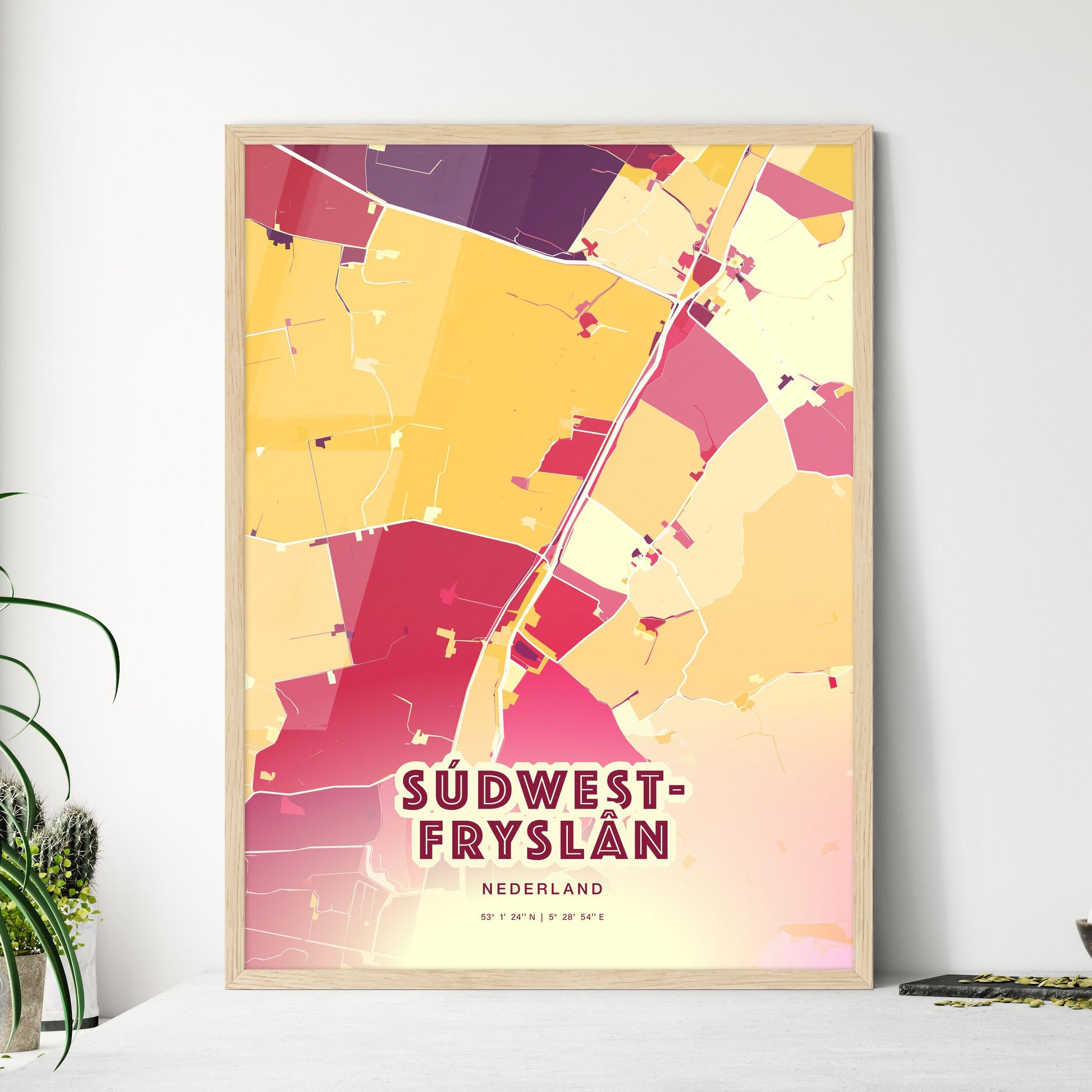 Colorful SÚDWEST-FRYSLÂN NETHERLANDS Fine Art Map Hot Red