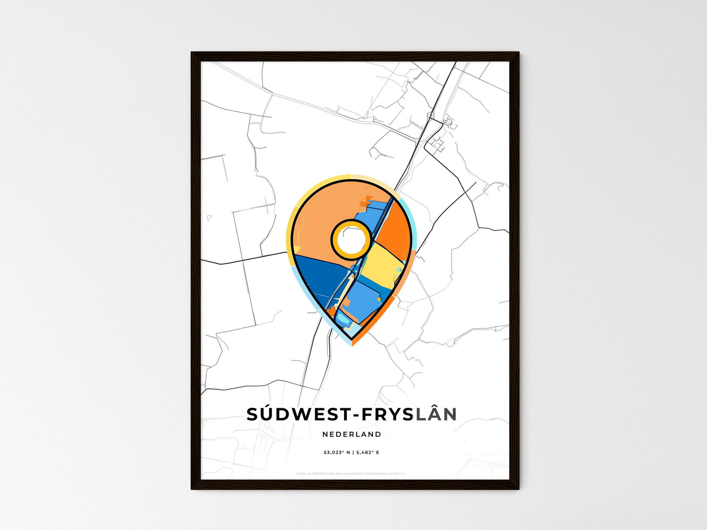 Súdwest-Fryslân Netherlands wedding art map with pointer icon