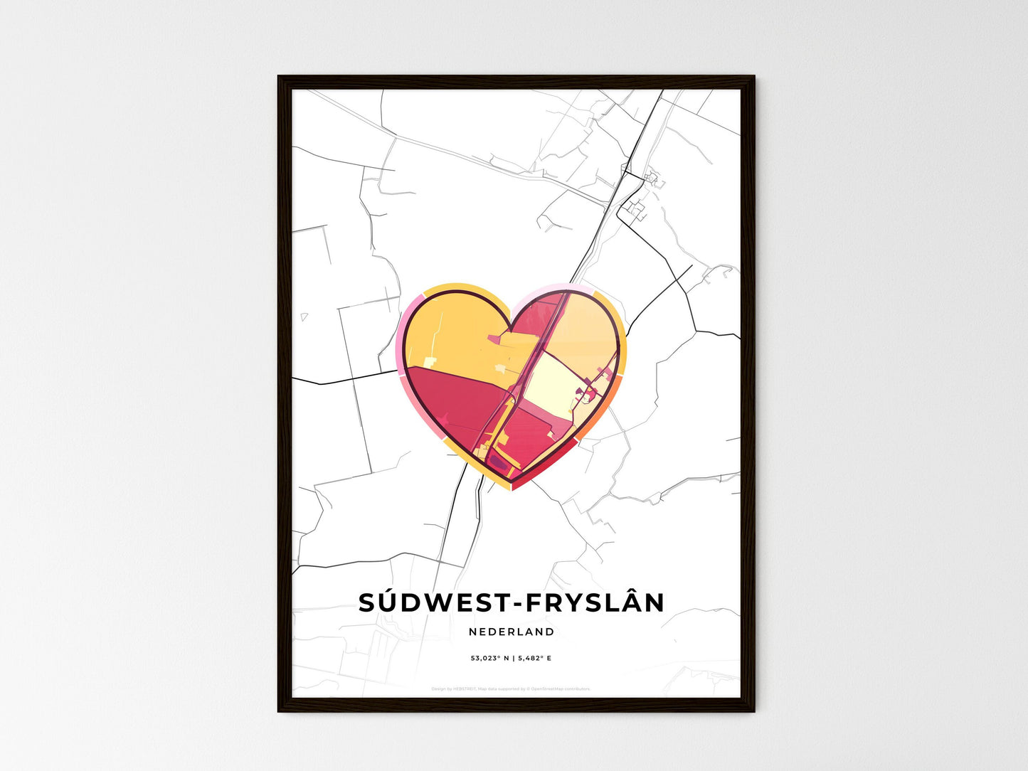 Súdwest-Fryslân Netherlands wedding art map with heart icon