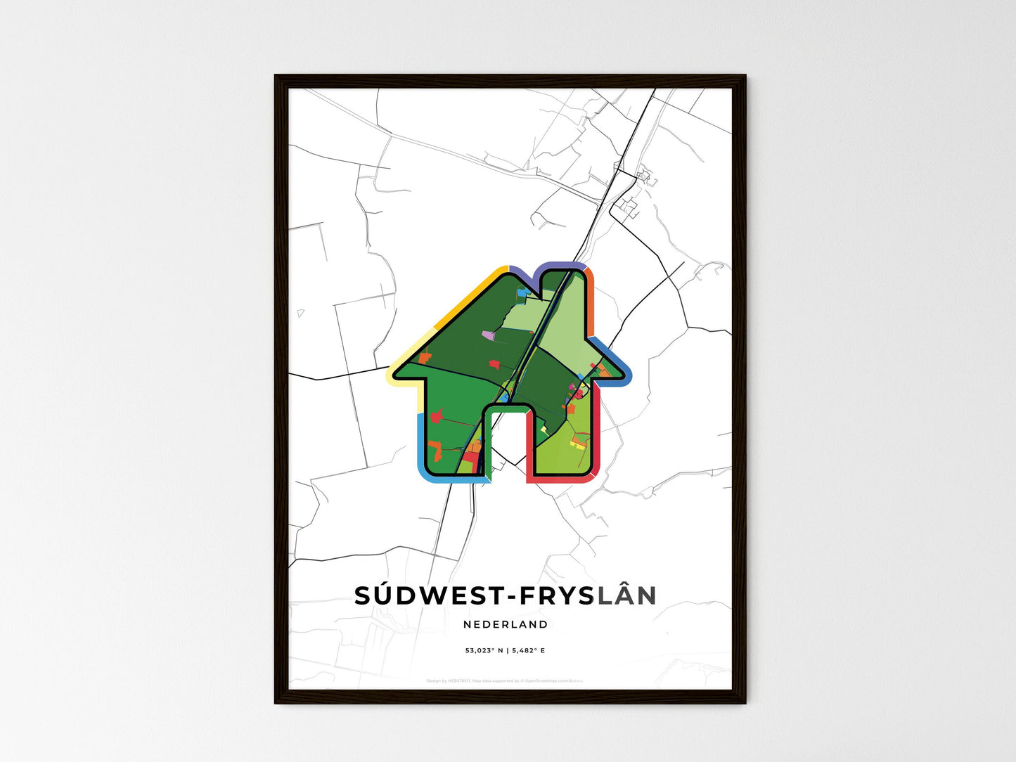 Súdwest-Fryslân Netherlands wedding art map with home icon