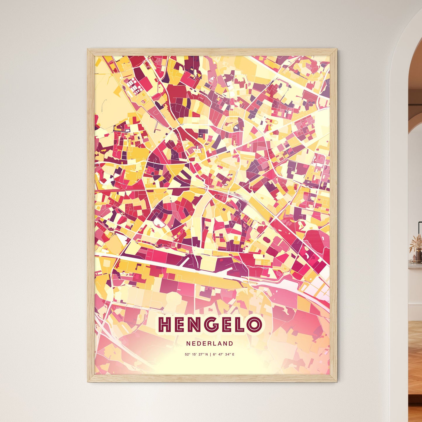 Colorful HENGELO NETHERLANDS Fine Art Map Hot Red