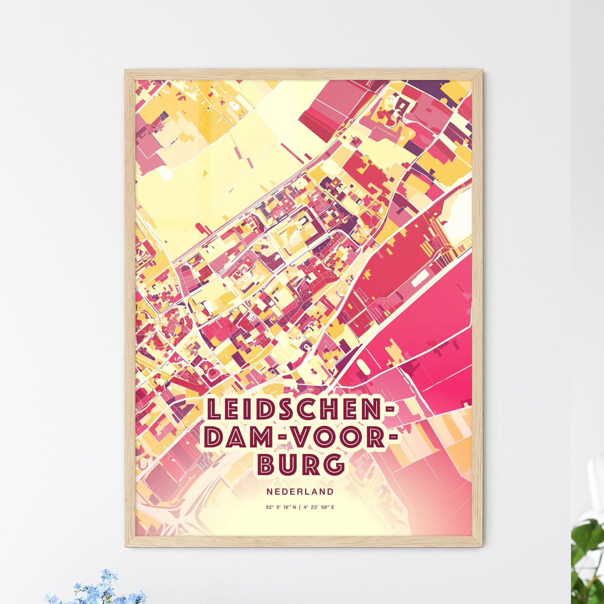 Colorful LEIDSCHENDAM-VOORBURG NETHERLANDS Fine Art Map Hot Red