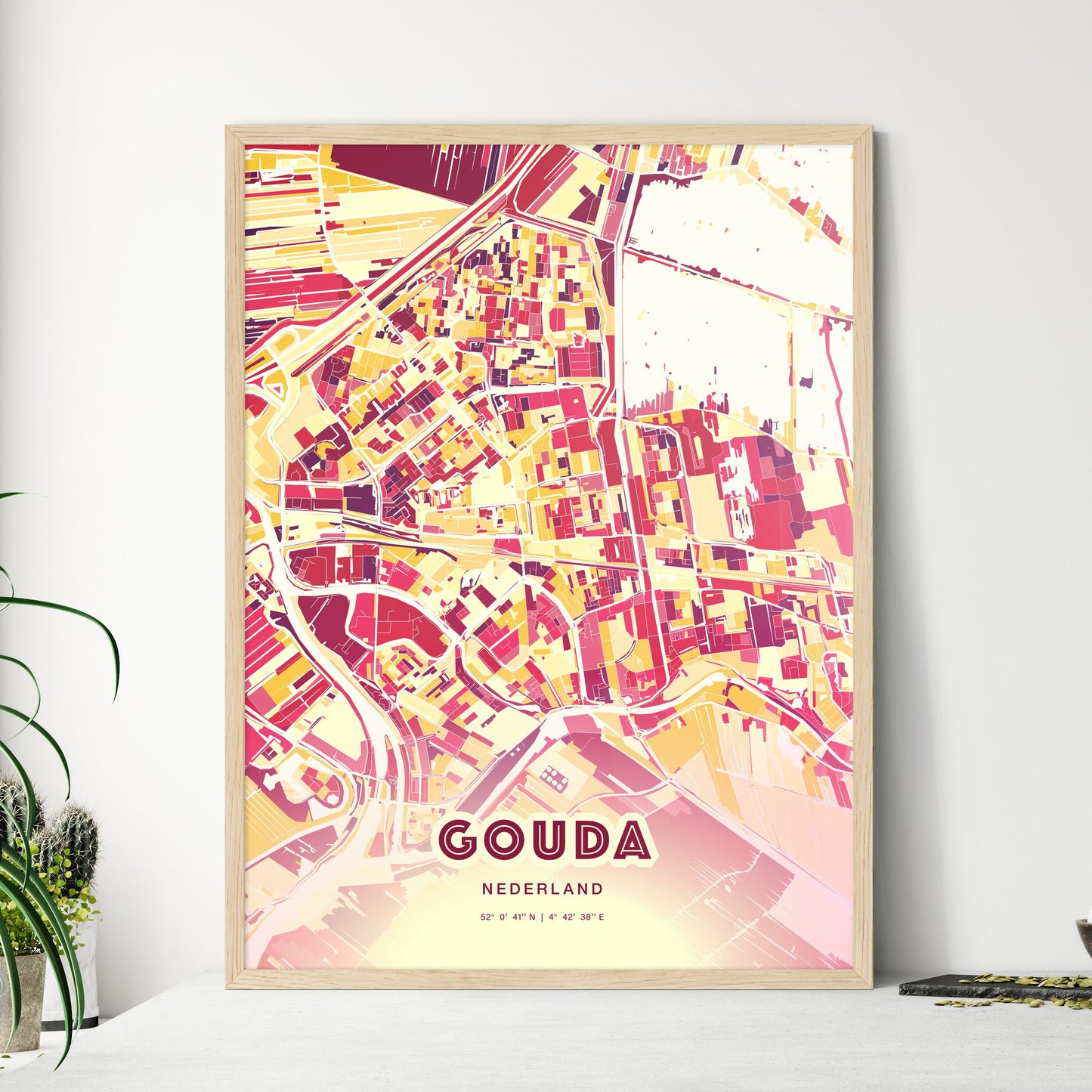 Colorful GOUDA NETHERLANDS Fine Art Map Hot Red