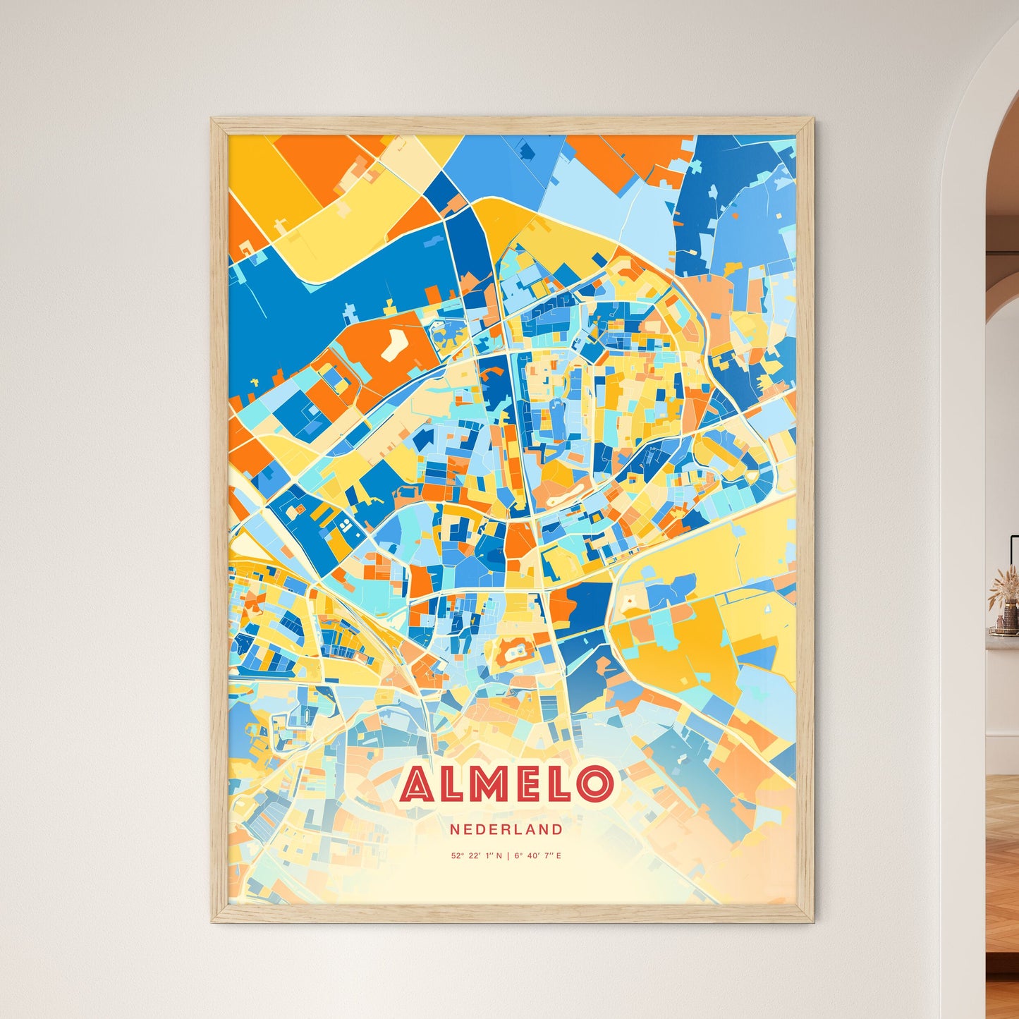 Colorful ALMELO NETHERLANDS Fine Art Map Blue Orange