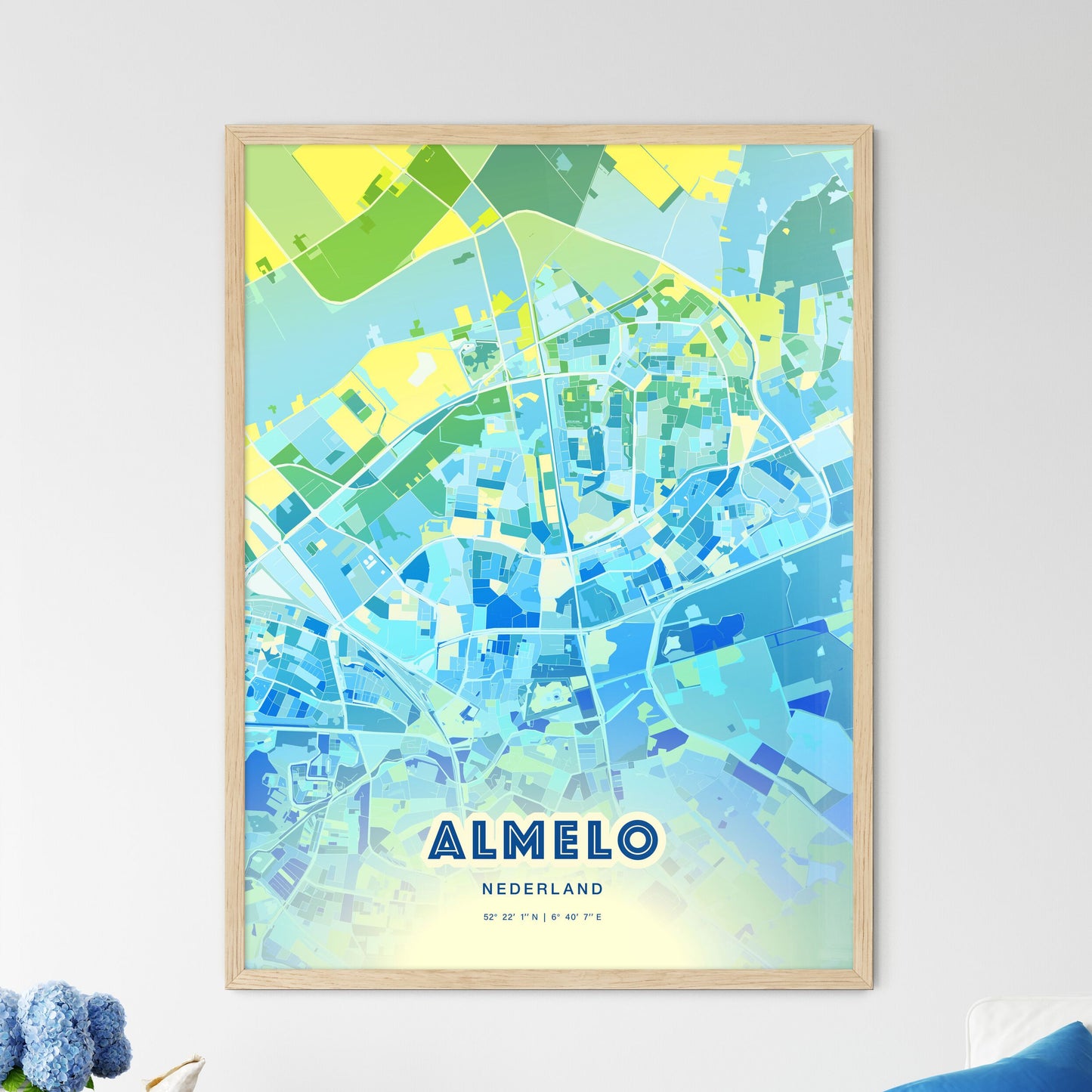 Colorful ALMELO NETHERLANDS Fine Art Map Cool Blue