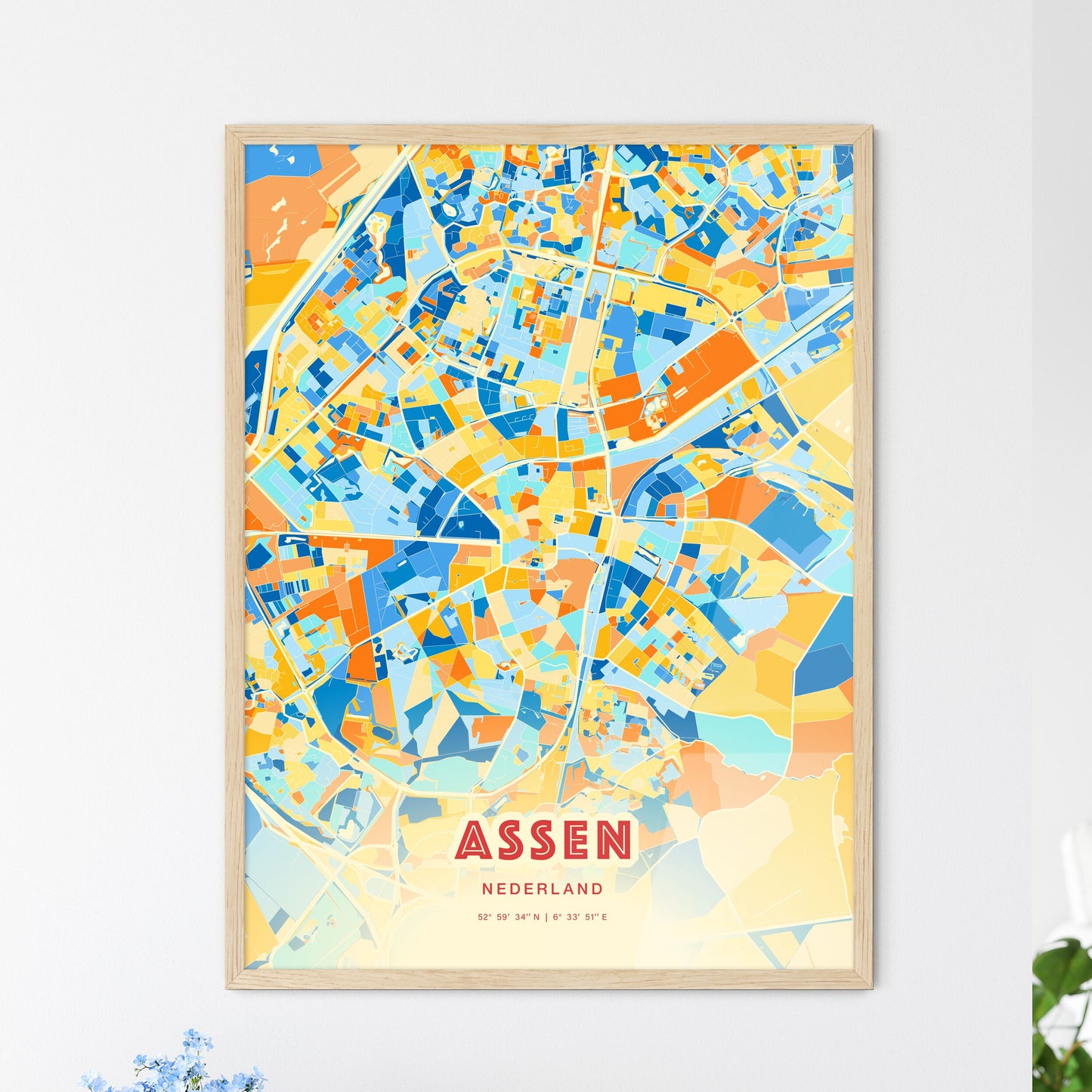 Colorful ASSEN NETHERLANDS Fine Art Map Blue Orange