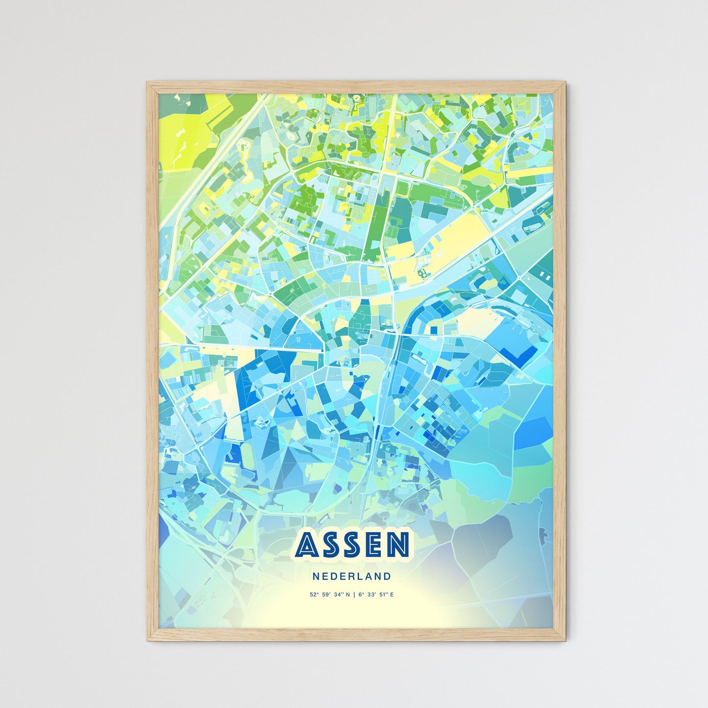 Colorful ASSEN NETHERLANDS Fine Art Map Cool Blue