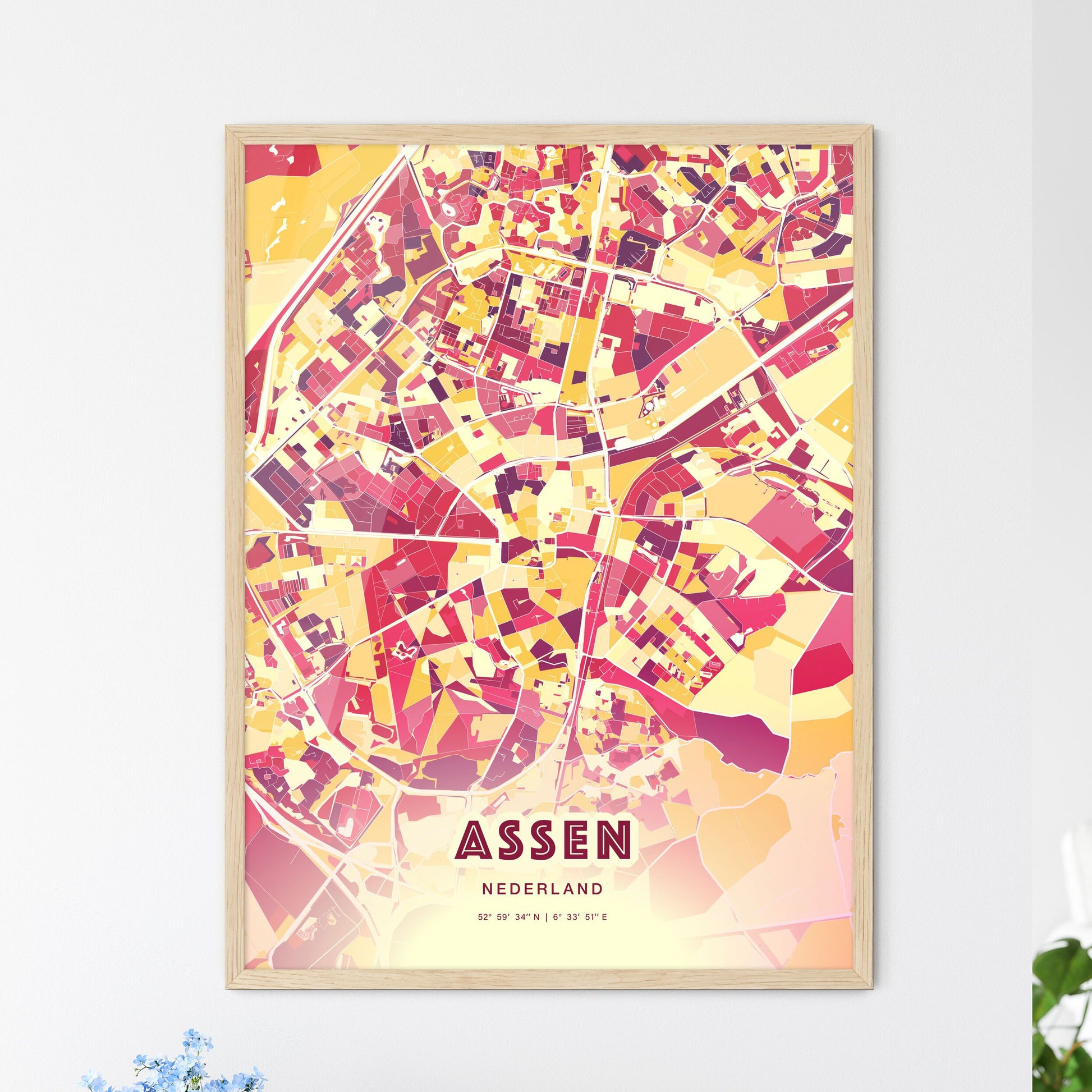 Colorful ASSEN NETHERLANDS Fine Art Map Hot Red