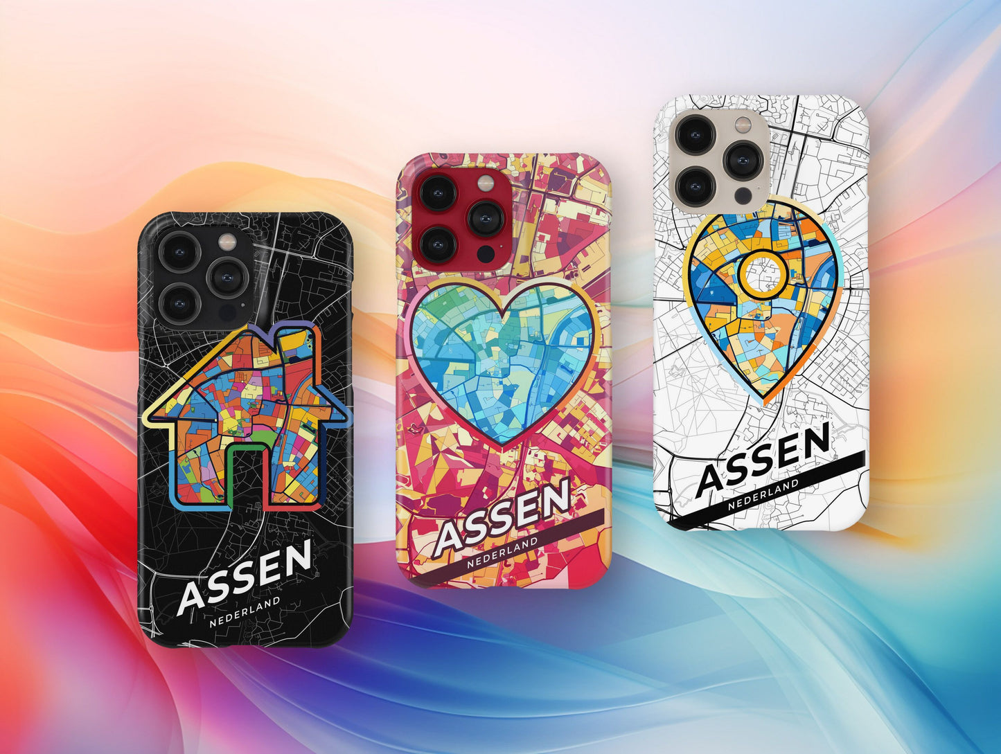 Assen Netherlands slim phone case with colorful icon. Birthday, wedding or housewarming gift. Couple match cases.