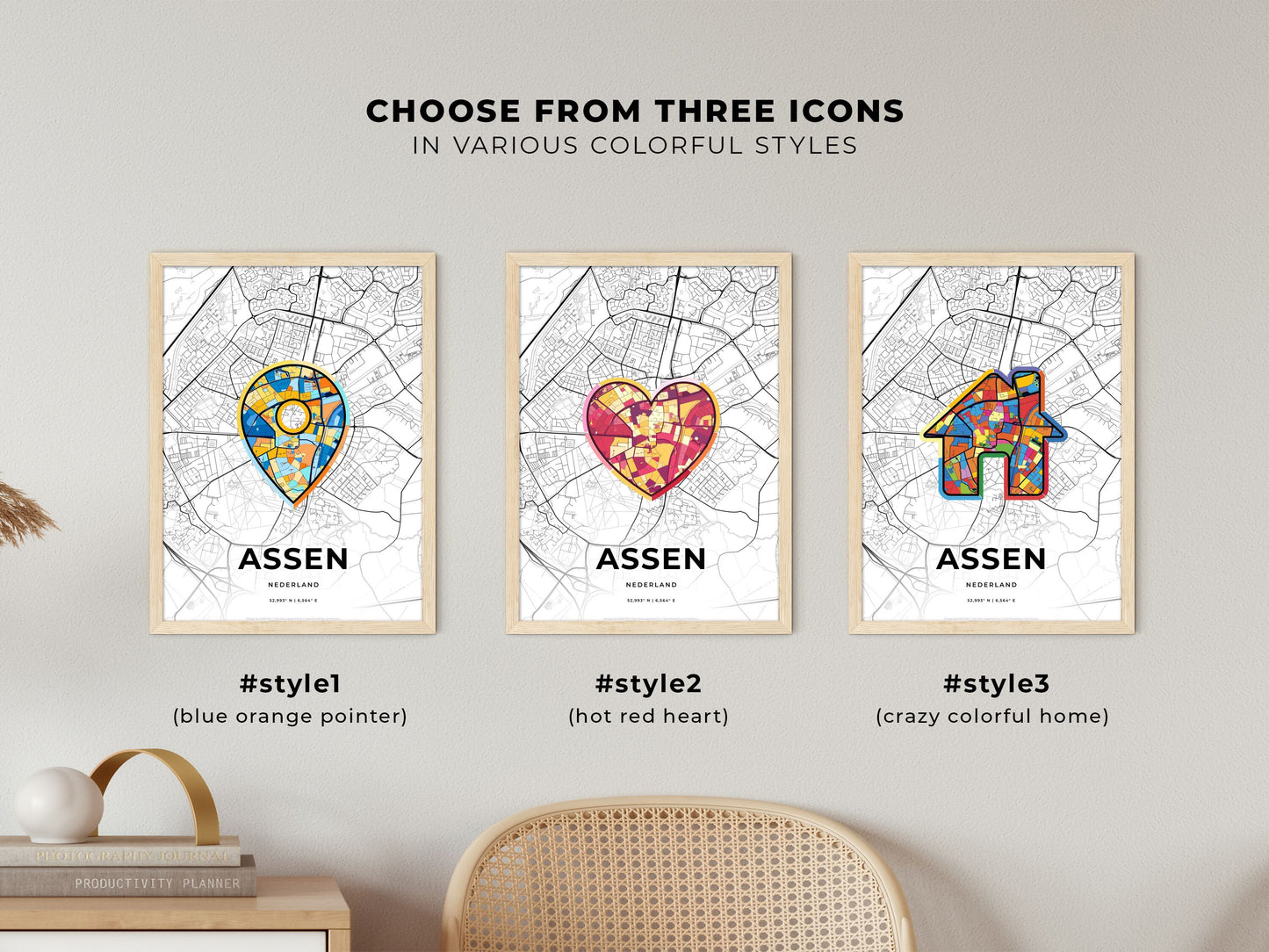 Assen Netherlands maps with colorful icons
