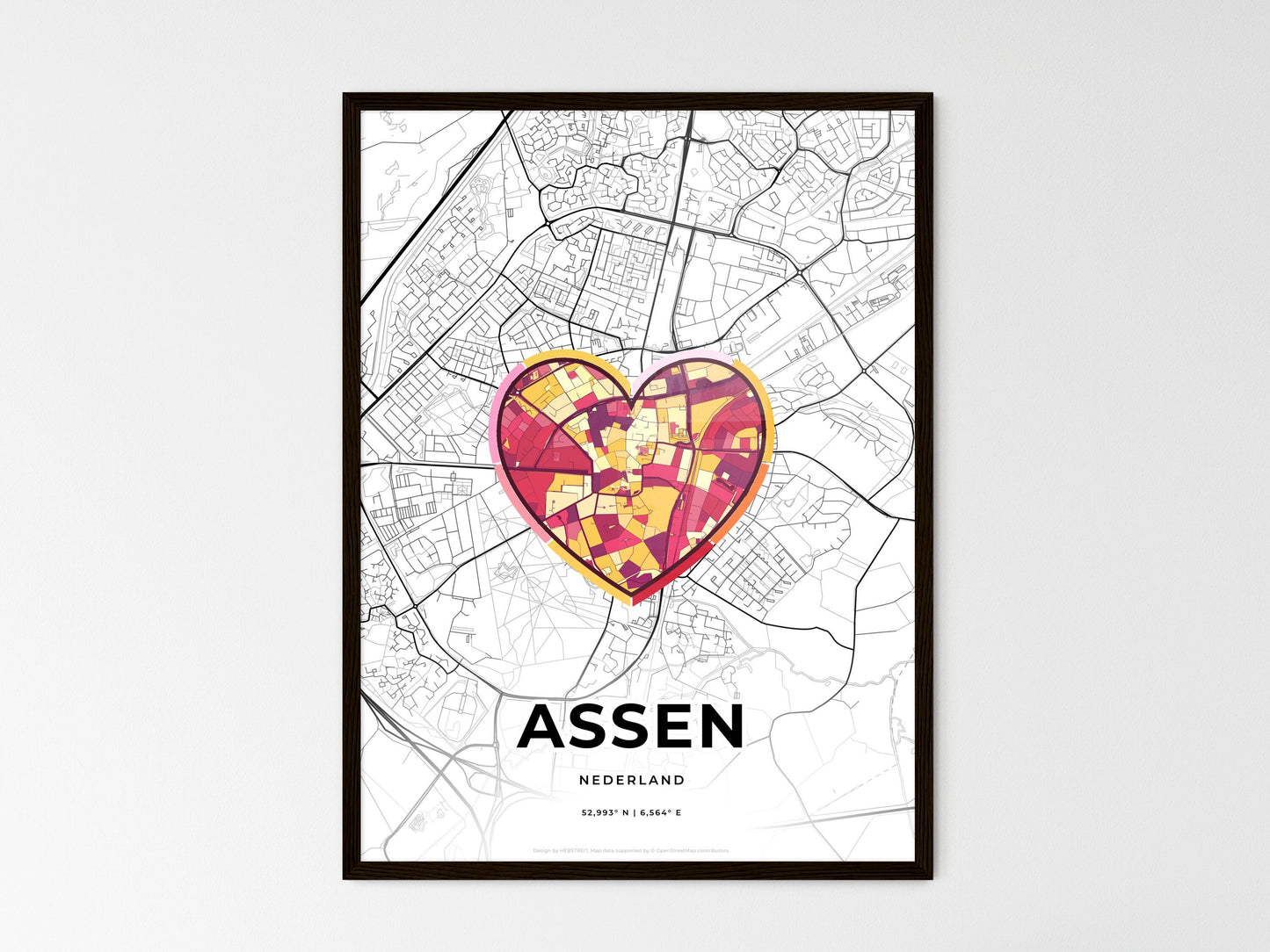 Assen Netherlands wedding art map with heart icon