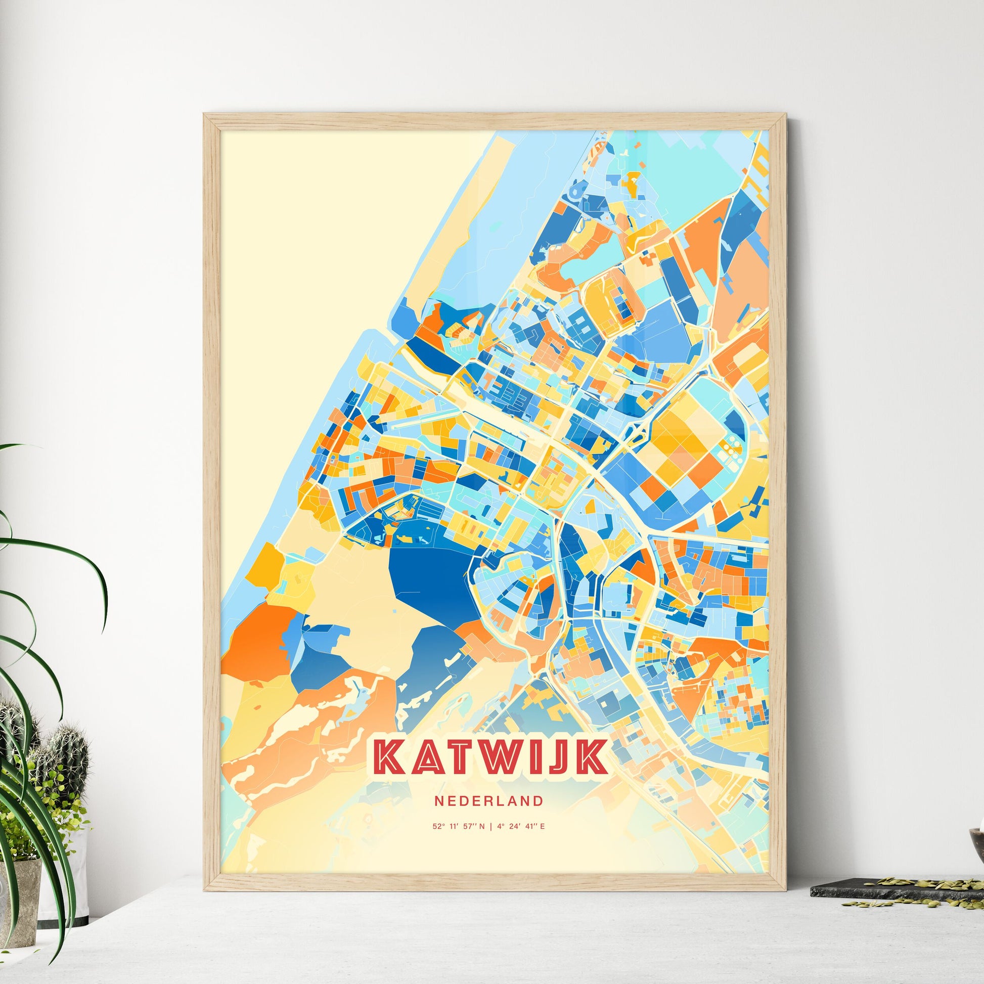 Colorful KATWIJK NETHERLANDS Fine Art Map Blue Orange