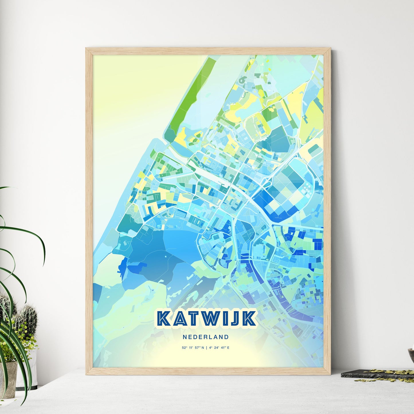 Colorful KATWIJK NETHERLANDS Fine Art Map Cool Blue