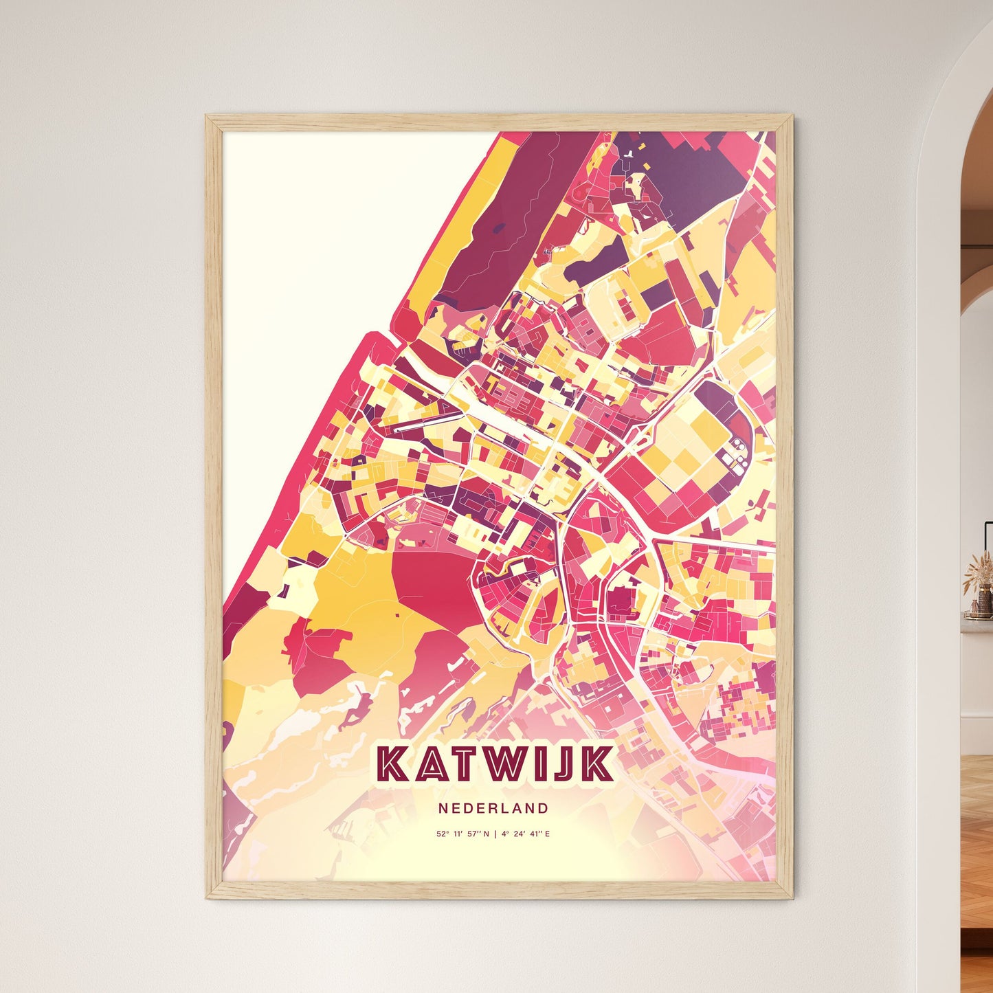 Colorful KATWIJK NETHERLANDS Fine Art Map Hot Red