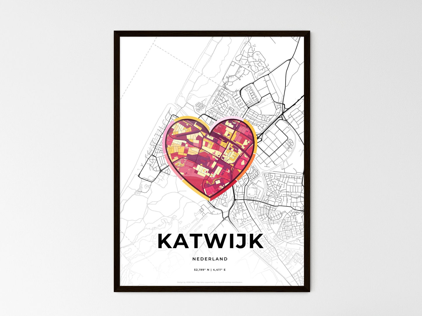 Katwijk Netherlands wedding art map with heart icon