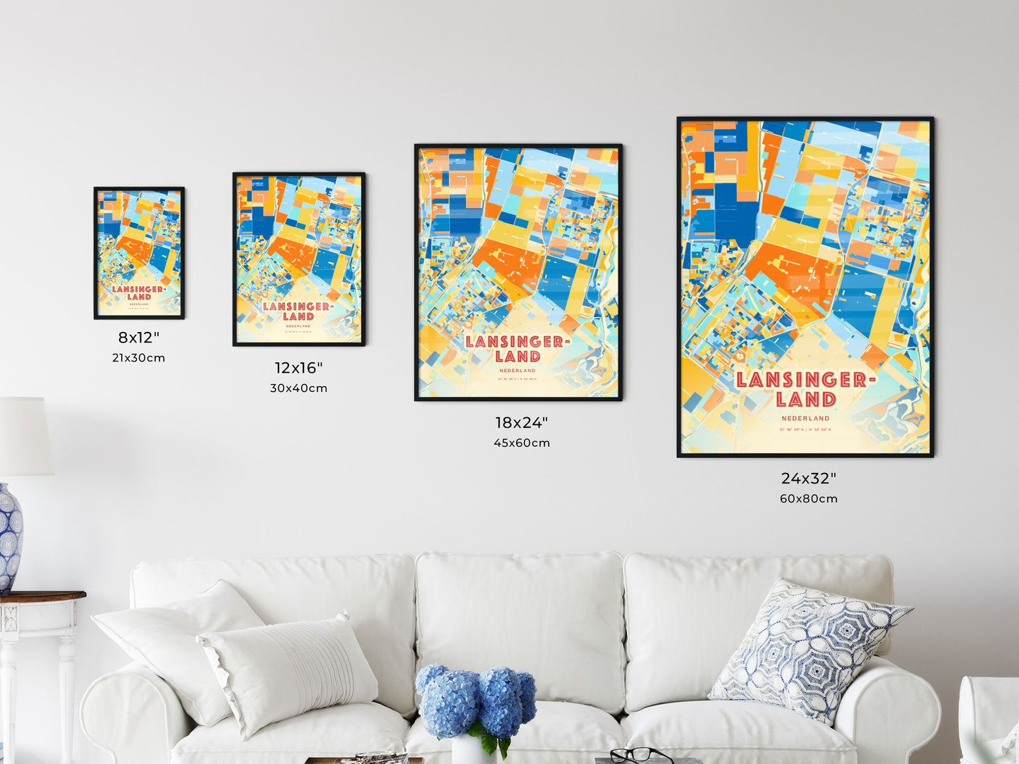 Colorful LANSINGERLAND NETHERLANDS Fine Art Map Blue Orange