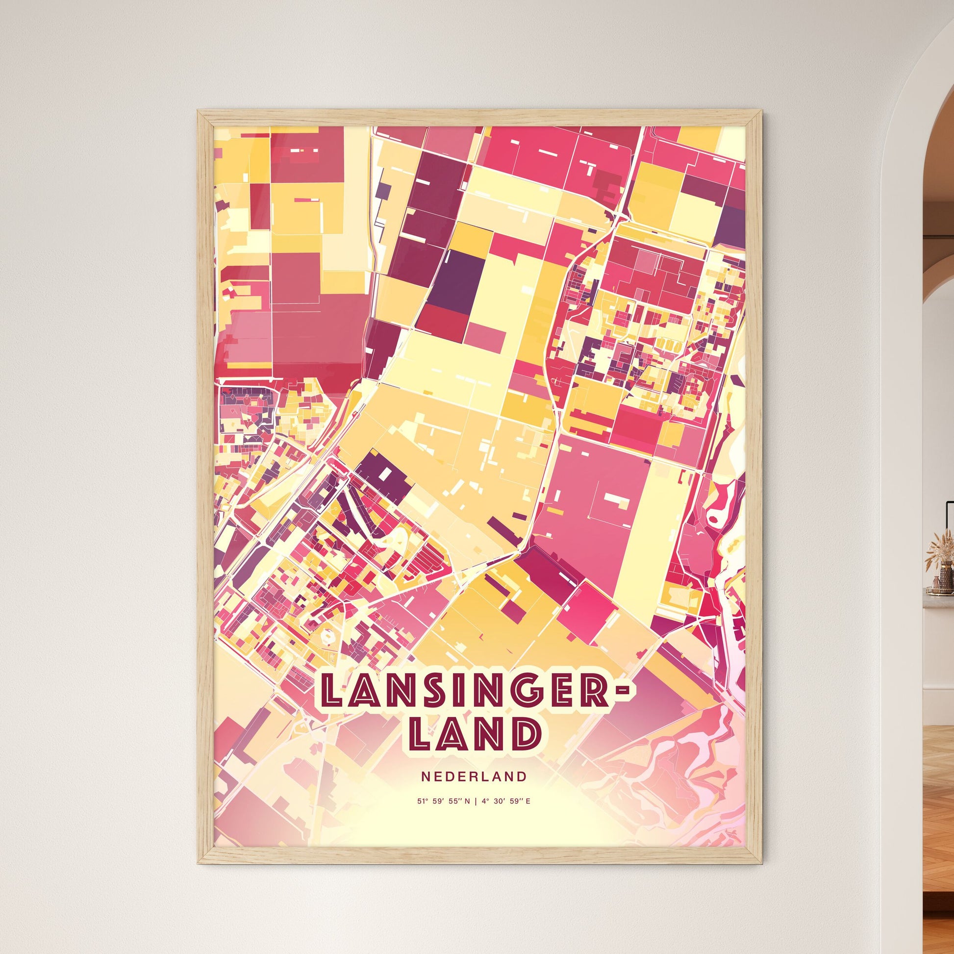 Colorful LANSINGERLAND NETHERLANDS Fine Art Map Hot Red