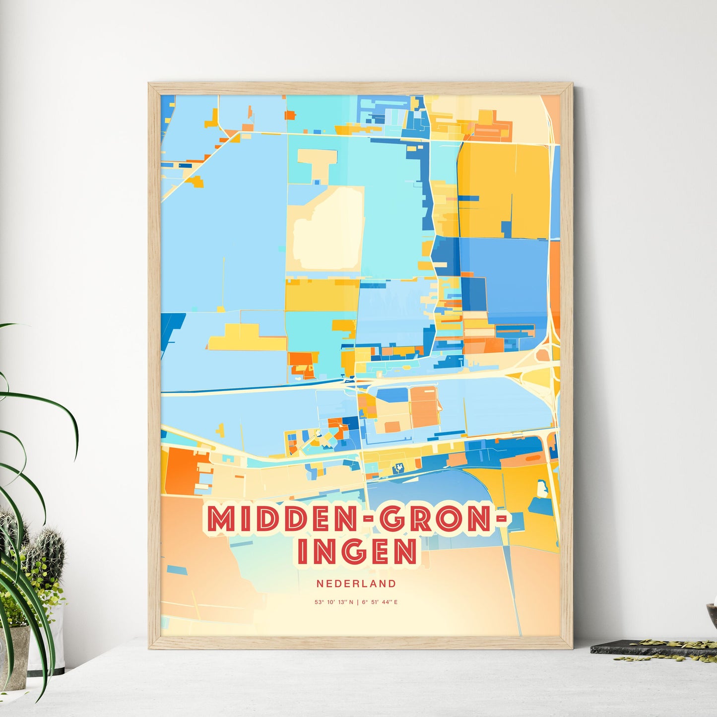 Colorful MIDDEN-GRONINGEN NETHERLANDS Fine Art Map Blue Orange