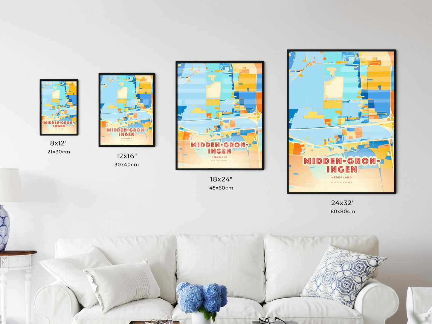 Colorful MIDDEN-GRONINGEN NETHERLANDS Fine Art Map Blue Orange