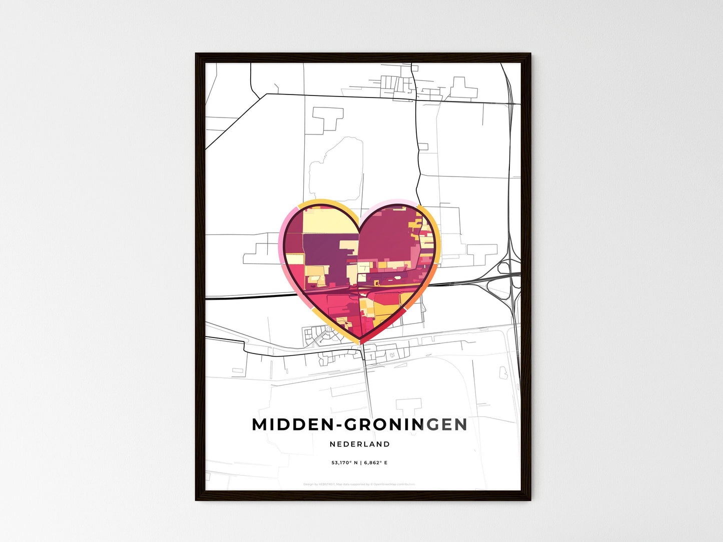 Midden-Groningen Netherlands wedding art map with heart icon