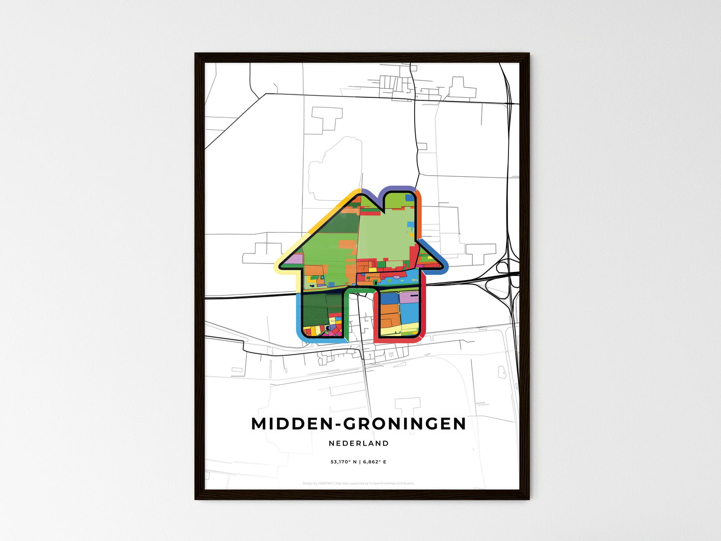 Midden-Groningen Netherlands wedding art map with home icon