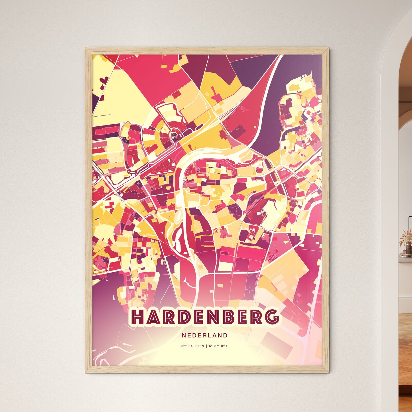 Colorful HARDENBERG NETHERLANDS Fine Art Map Hot Red