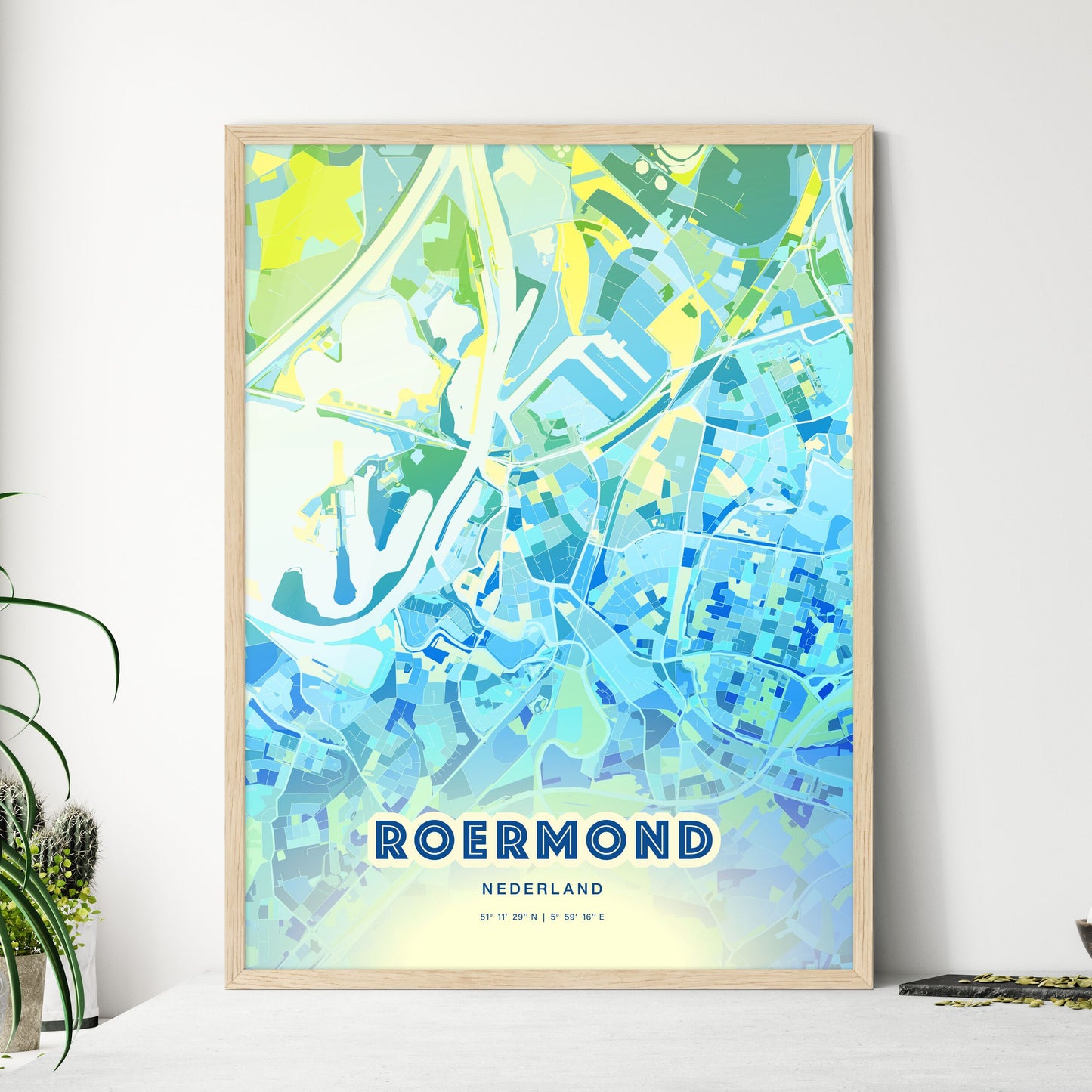 Colorful ROERMOND NETHERLANDS Fine Art Map Cool Blue