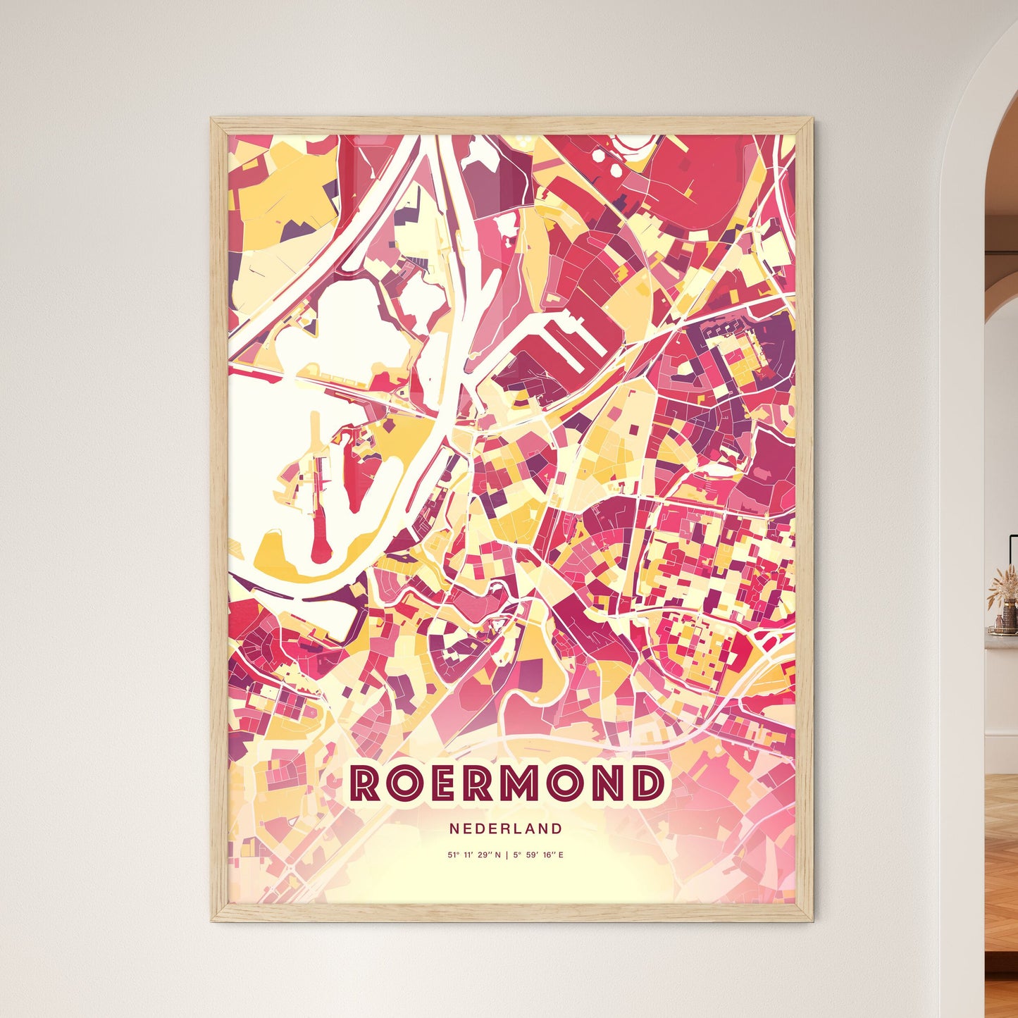 Colorful ROERMOND NETHERLANDS Fine Art Map Hot Red