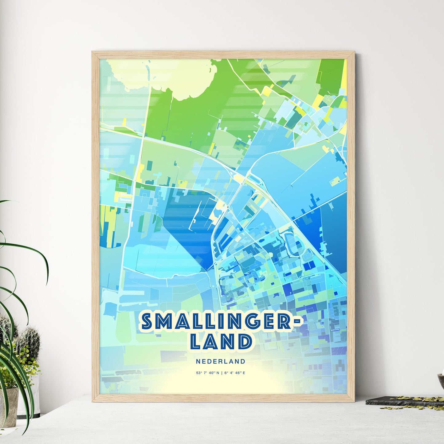 Colorful SMALLINGERLAND NETHERLANDS Fine Art Map Cool Blue